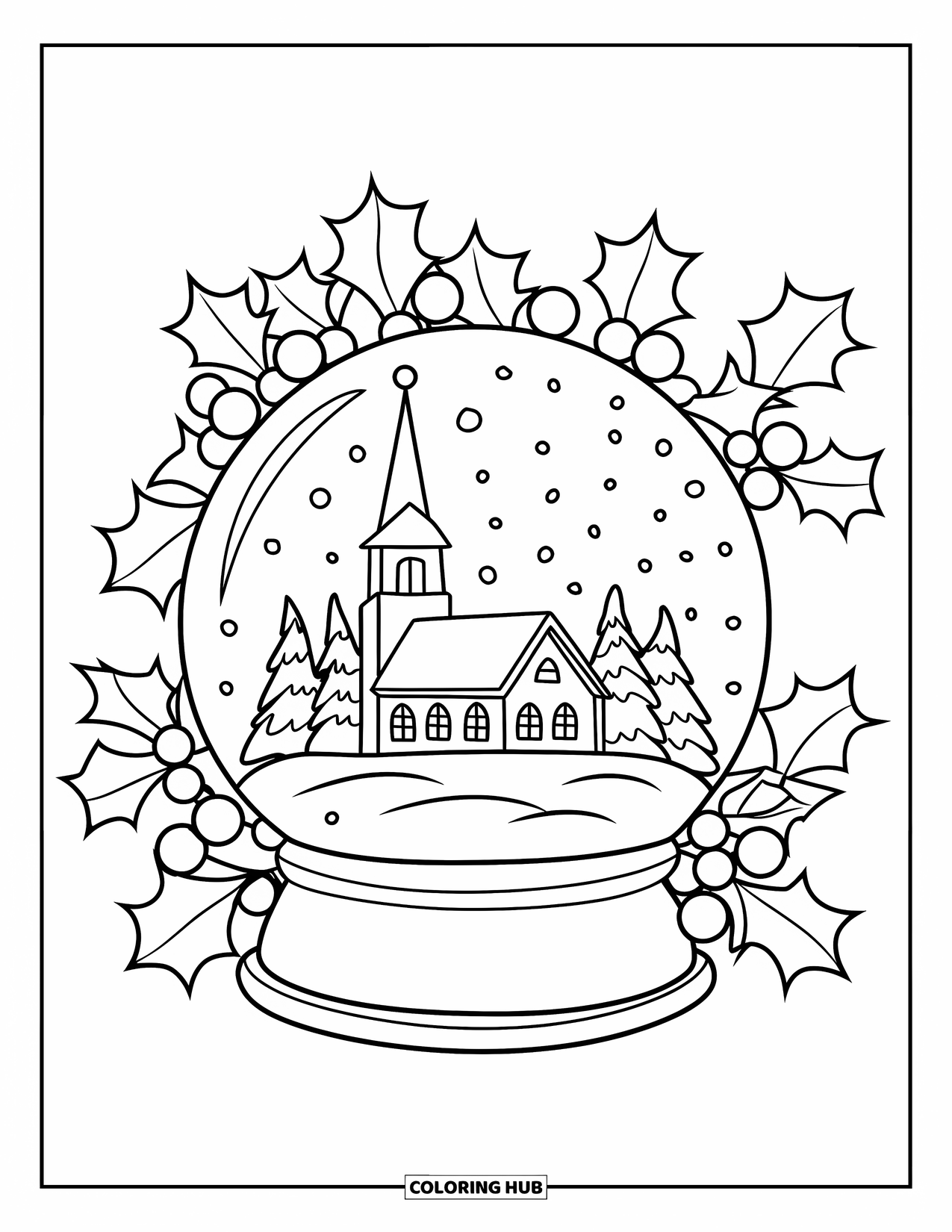 Christmas Snow Globe Coloring Page for Adults: A snowy village and church inside a snow globe framed by holly stained glass