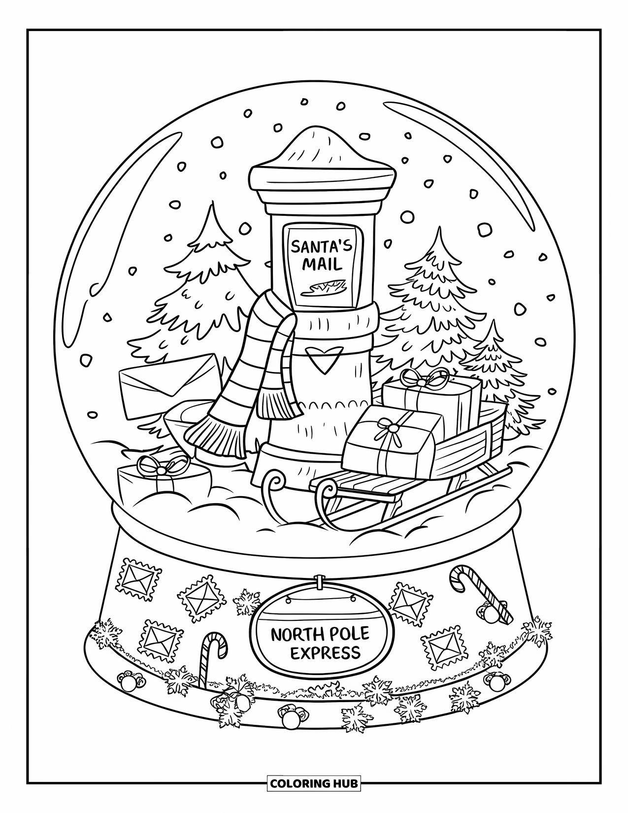 Christmas Snow Globe Coloring Page for Adults: A whimsical postbox marked ìSantaís Mailî surrounded by letters and snowy trees