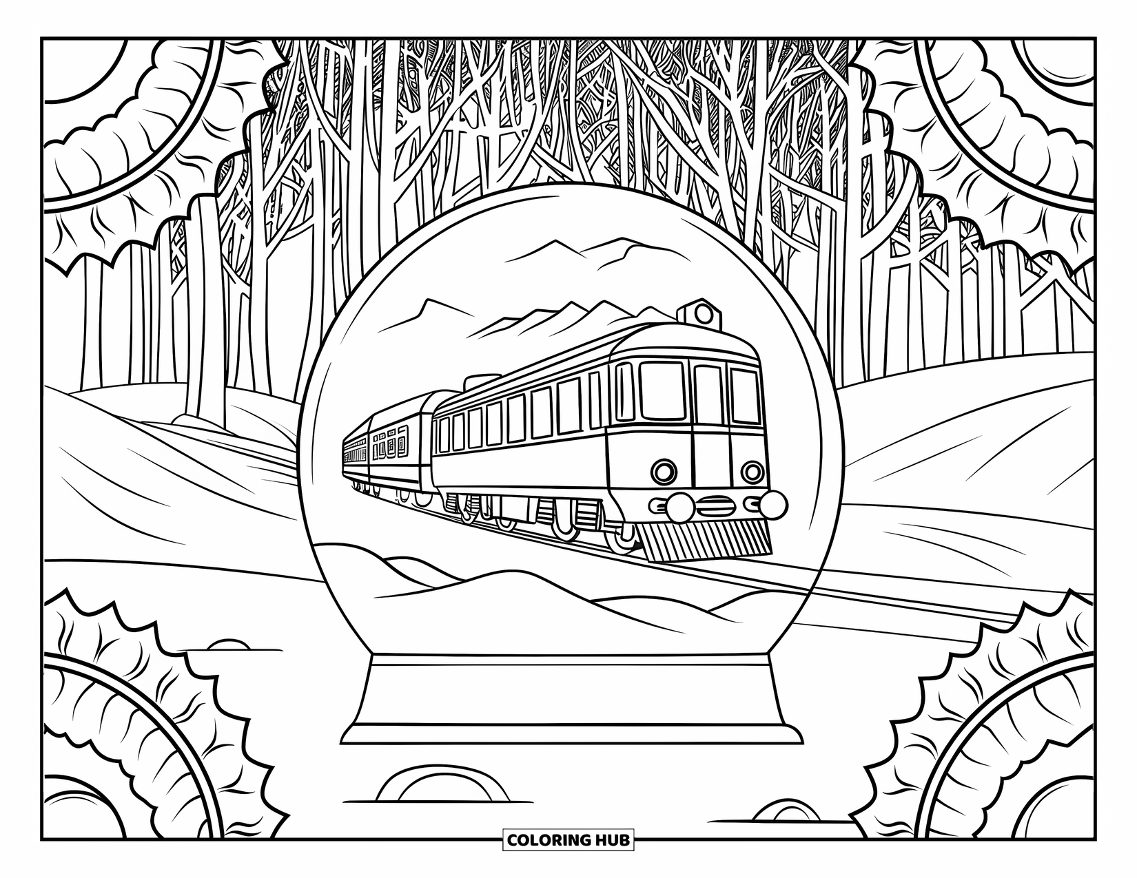 Christmas Snow Globe Coloring Page for Adults: An old train through snowy hills inside a snow globe with holly mandalas