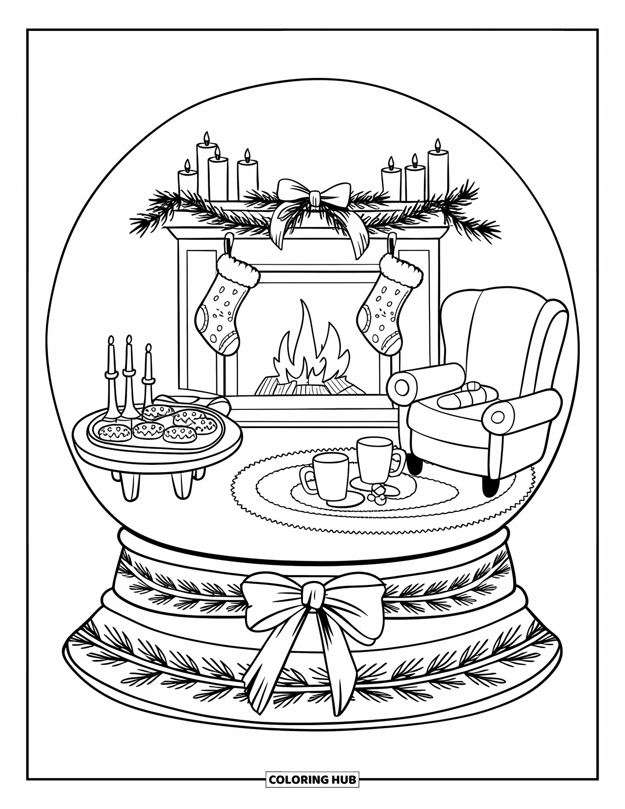 Christmas Snow Globe Coloring Page for Adults: Living room snow globe with fireplace, stockings, mugs, cookies, and candles