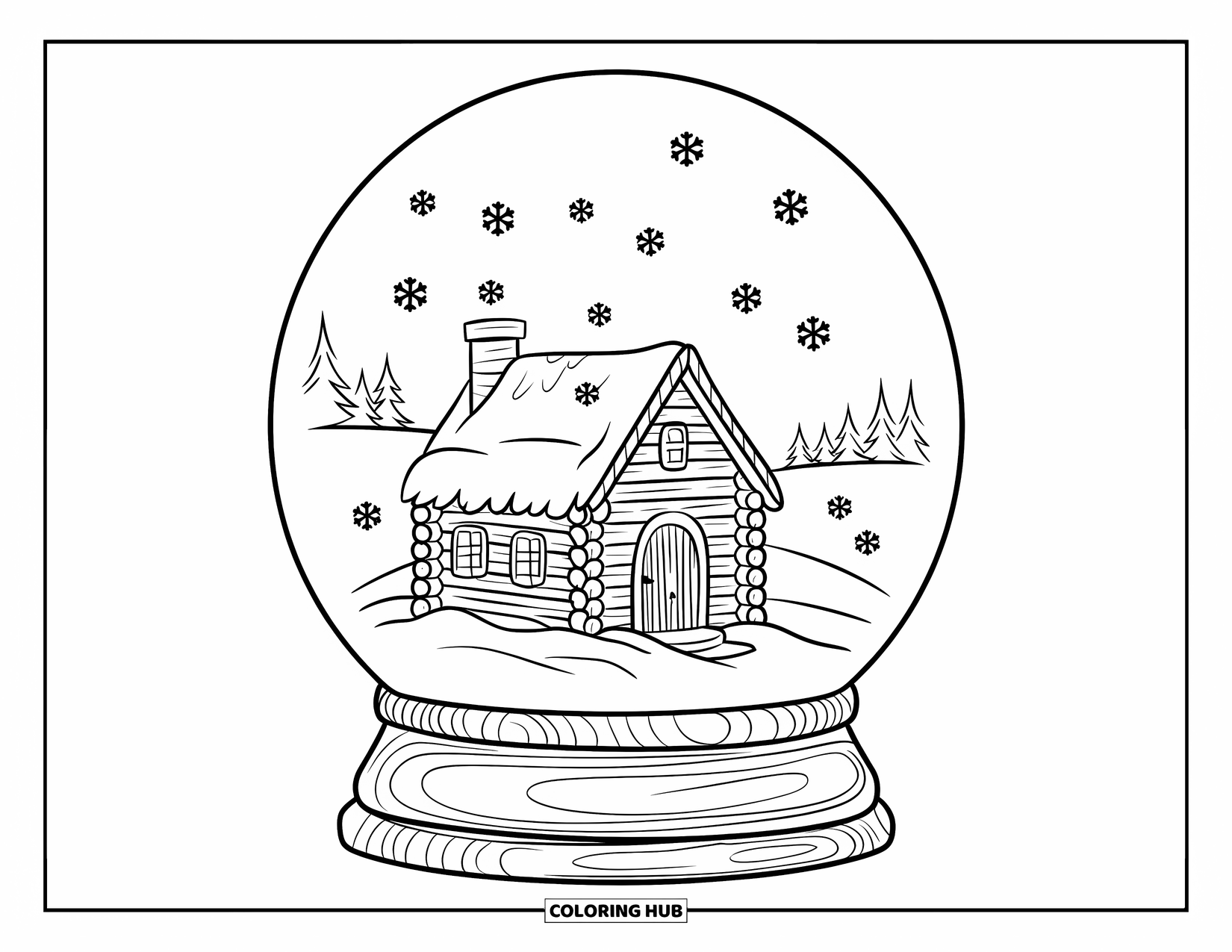 Christmas Snow Globe Coloring Page for Kids: A cozy log cabin with snowflakes inside a snow globe on a base