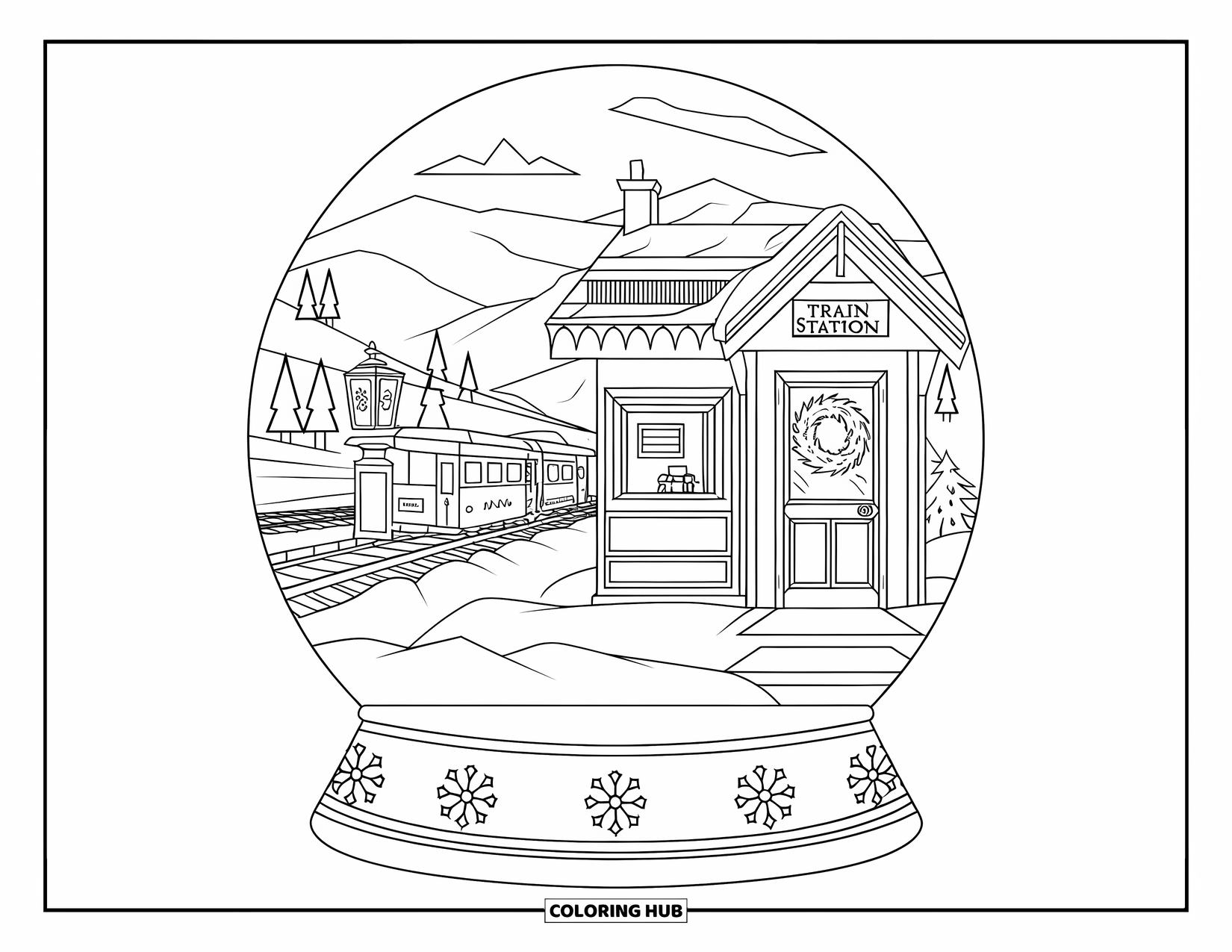 Christmas Snow Globe Coloring Page for Kids: A detailed snow globe of a train station with ticket booth, wreath, and lantern
