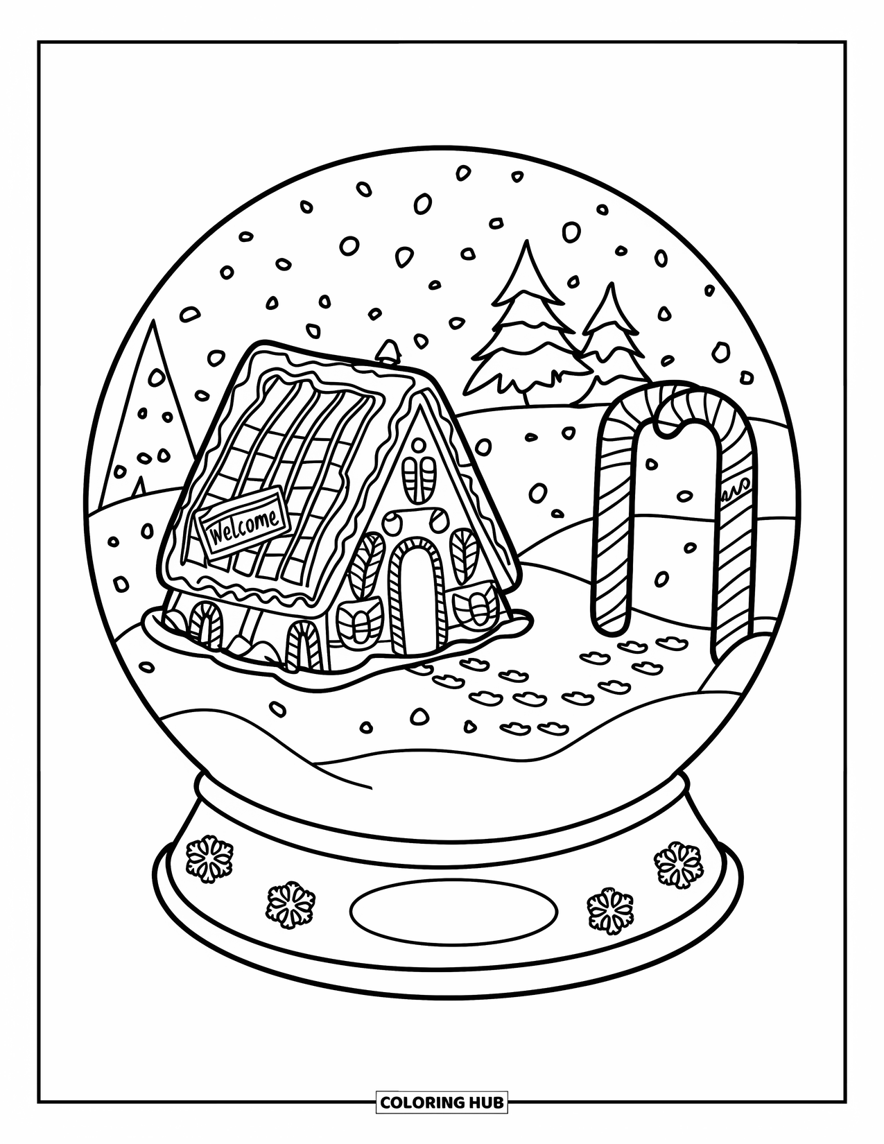 Christmas Snow Globe Coloring Page for Kids: A gingerbread house with a candy cane welcome arch in a snow globe