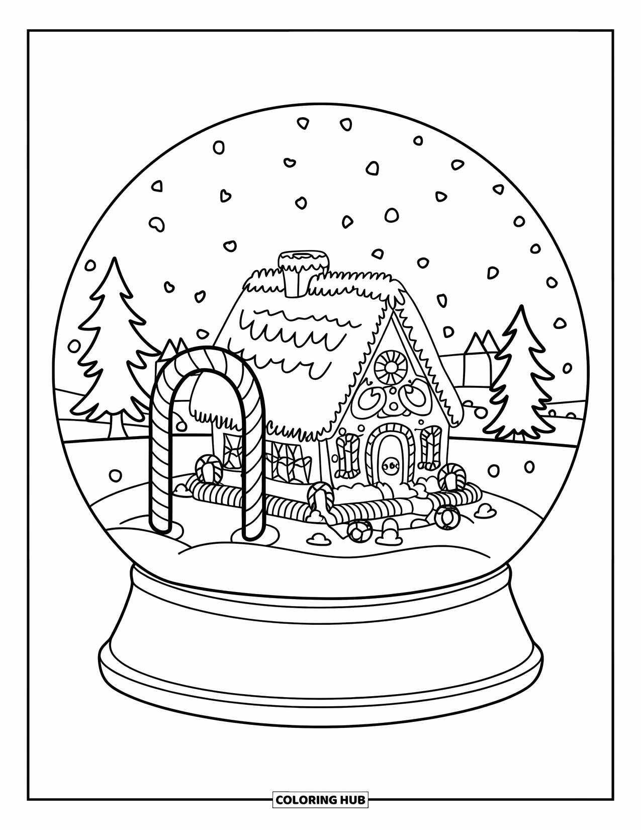 Christmas Snow Globe Coloring Page for Kids: A gingerbread house with candy canes and sweets inside a snow globe