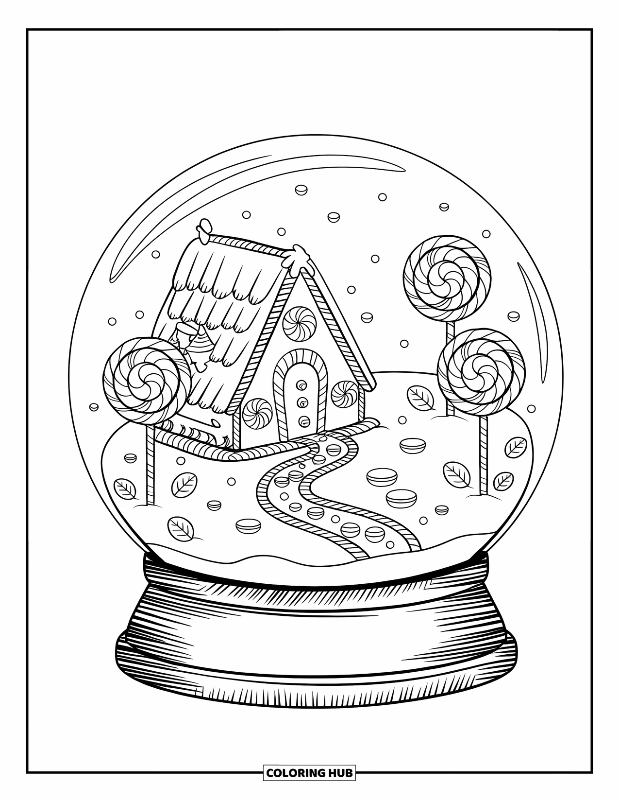 Christmas Snow Globe Coloring Page for Kids: A gingerbread house with lollipop trees inside a snow globe on a stand