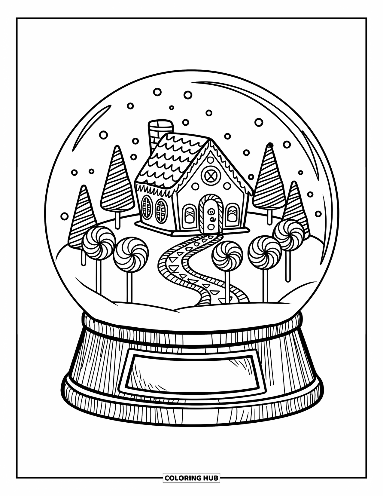 Christmas Snow Globe Coloring Page for Kids: A gingerbread house with lollipops and Santa inside a wooden-based globe