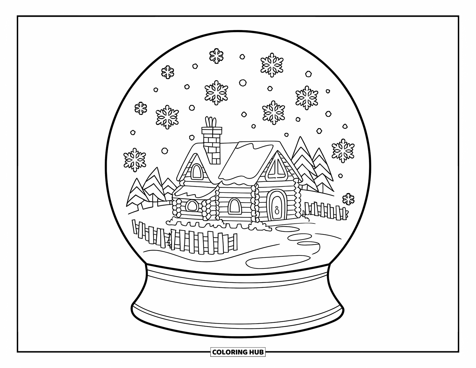 Christmas Snow Globe Coloring Page for Kids: A hand holding a snow globe with a snowy log cabin inside