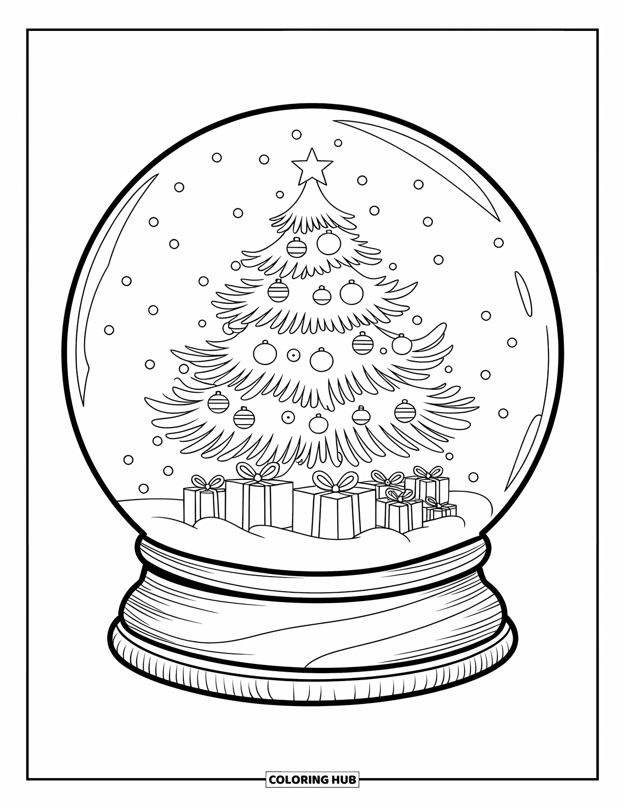 Christmas Snow Globe Coloring Page for Kids: A layered Christmas tree with presents inside a snow globe