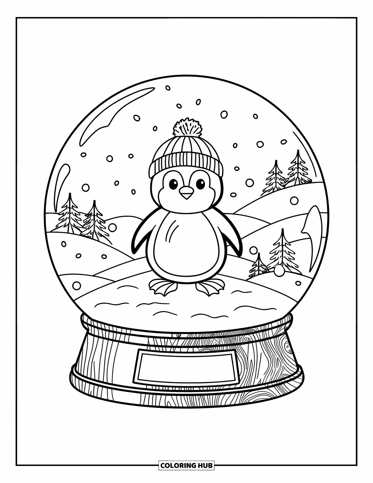 Christmas Snow Globe Coloring Page for Kids: A penguin in a striped beanie on a snowy hill snow globe