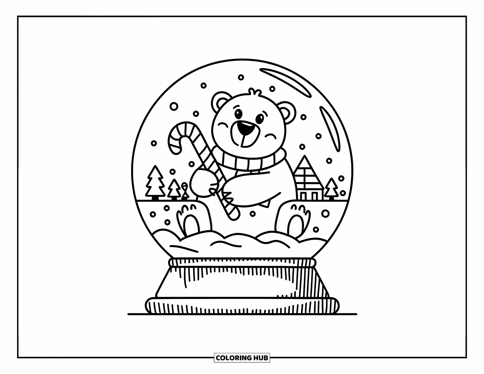 Christmas Snow Globe Coloring Page for Kids: A polar bear on ice with trees inside a snow globe on a base