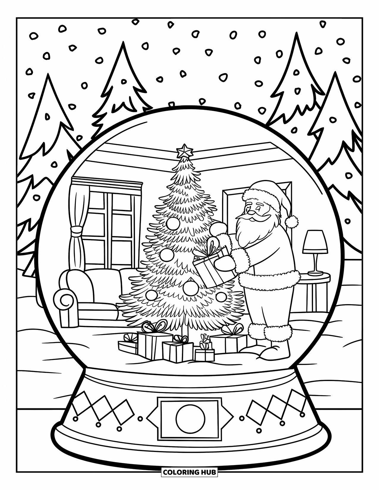 Christmas Snow Globe Coloring Page for Kids: A snow globe living room scene with Santa placing gifts by a tree