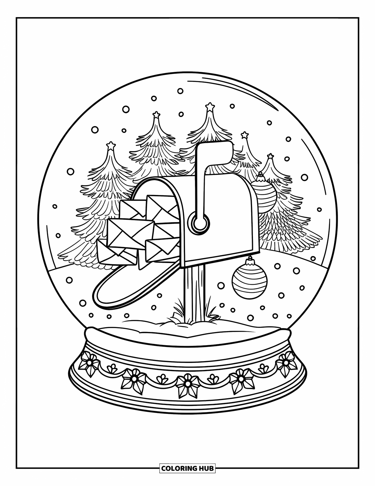Christmas Snow Globe Coloring Page for Kids: A snow globe mailbox overflowing with Santa letters among trees and décor