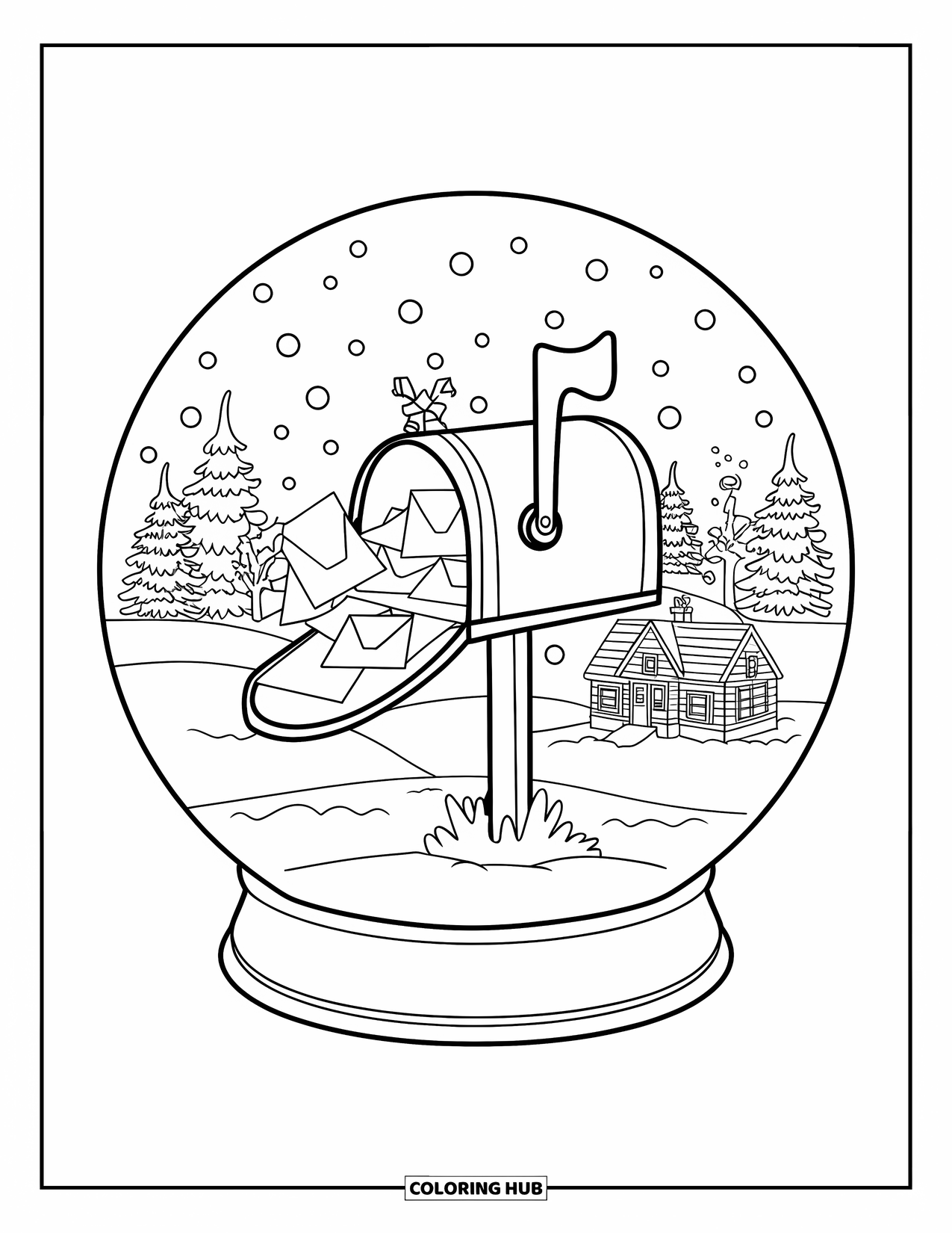 Christmas Snow Globe Coloring Page for Kids: A snow globe mailbox scene with letters to Santa and snowy cottages