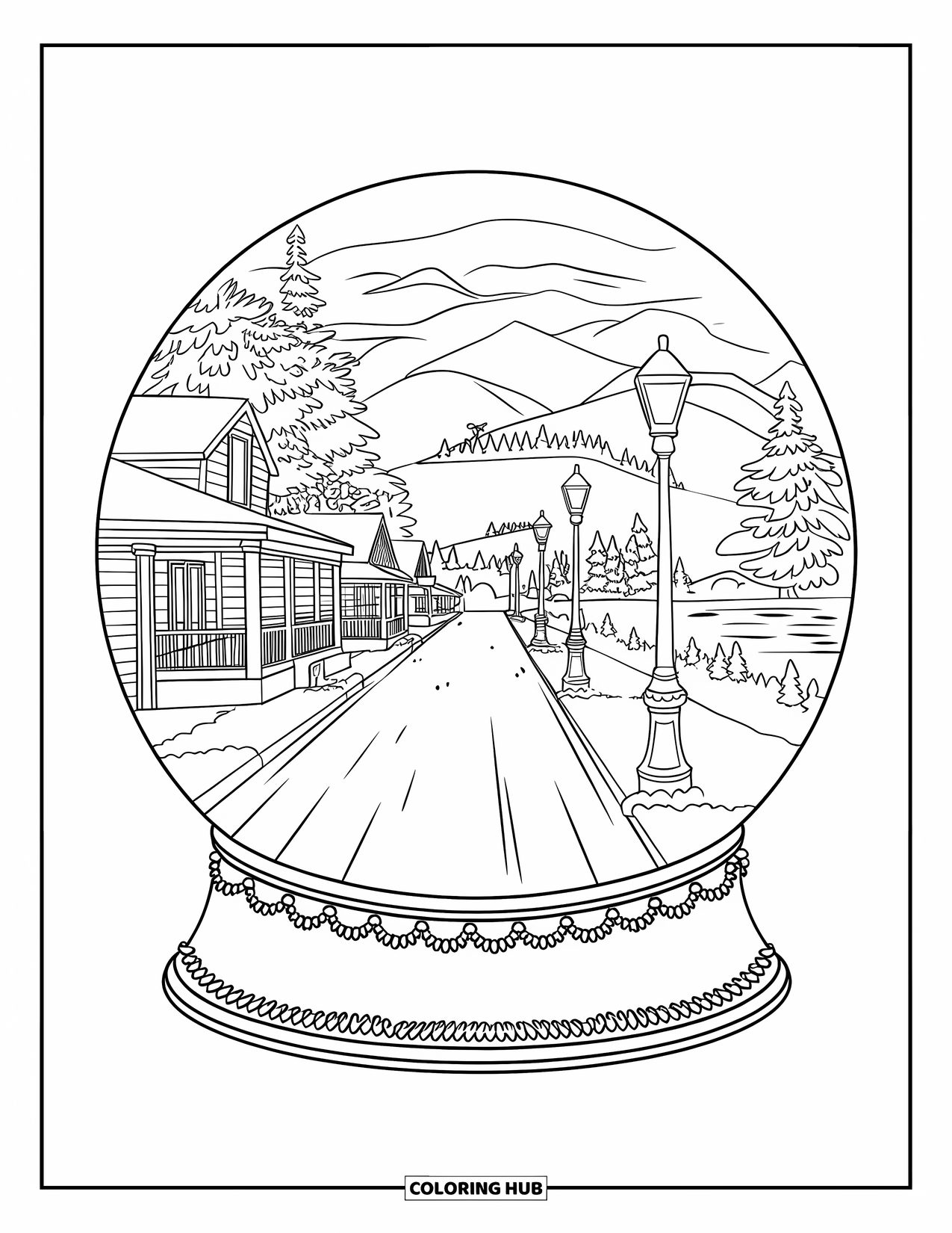 Christmas Snow Globe Coloring Page for Kids: A snow globe snowy street scene with porches, mountains, and water