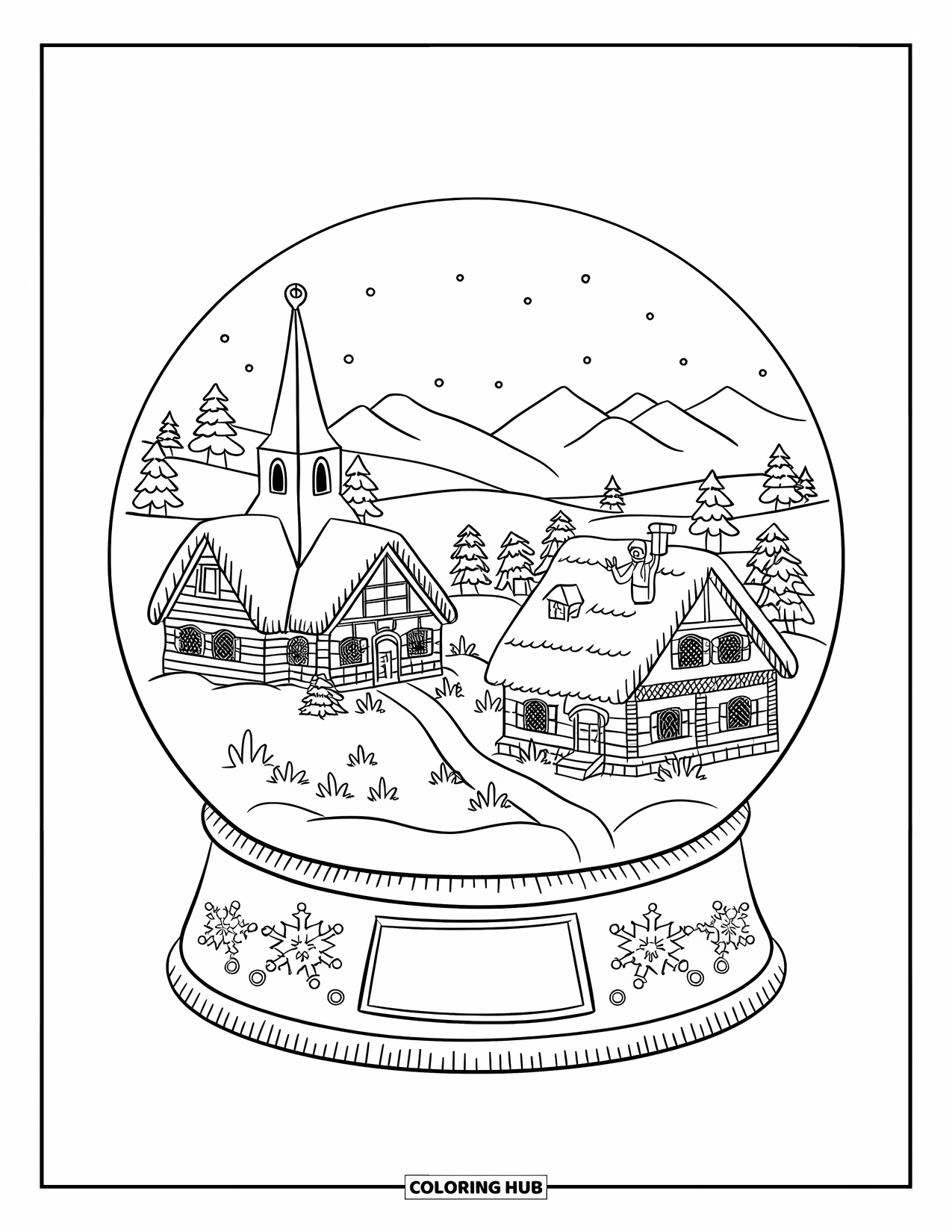 Christmas Snow Globe Coloring Page for Kids: A snow globe village with Santa waving from a rooftop and mountains behind