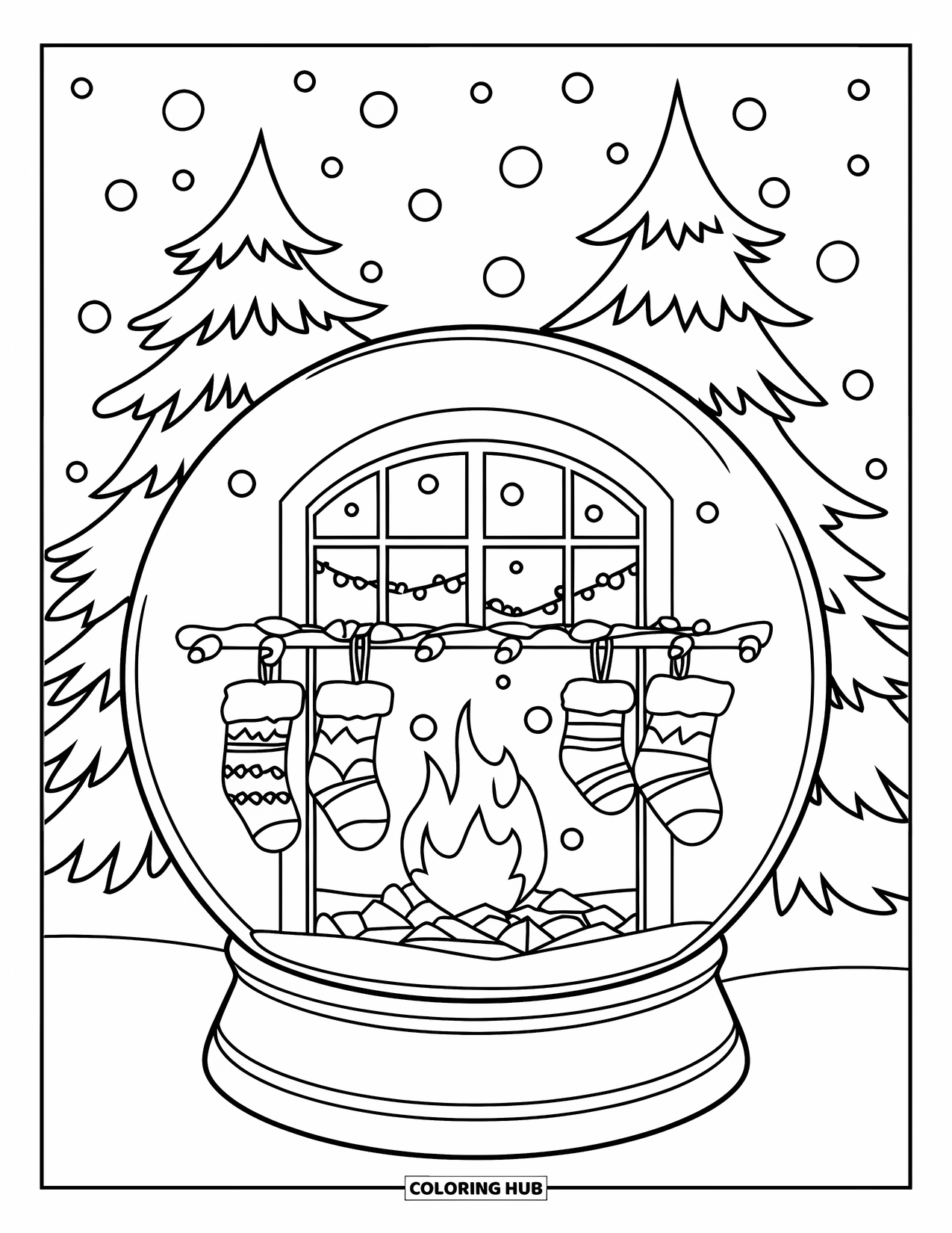 Christmas Snow Globe Coloring Page for Kids: A snow globe window scene with stockings hung and fire glowing inside