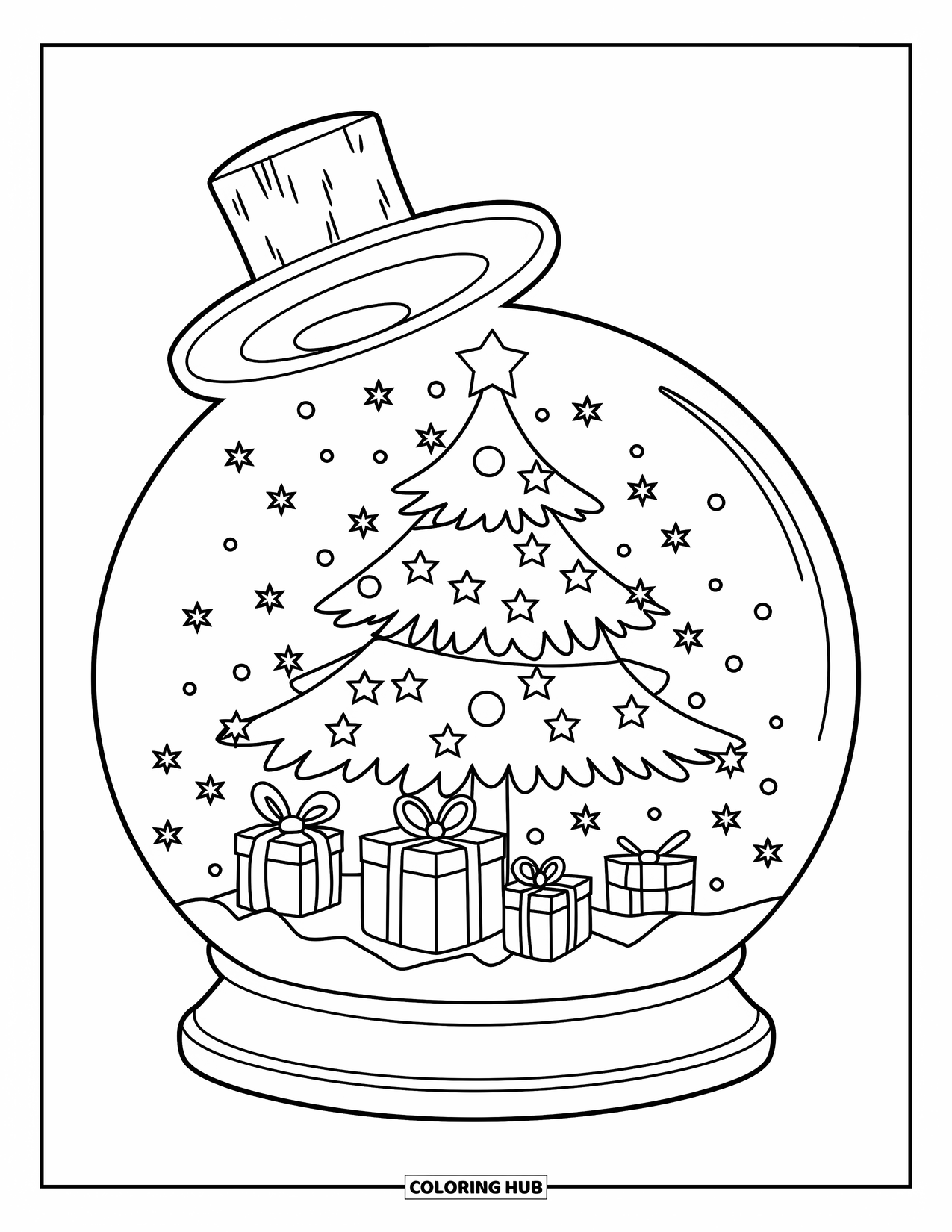 Christmas Snow Globe Coloring Page for Kids: A snow globe with a big Christmas tree and presents with ribbons