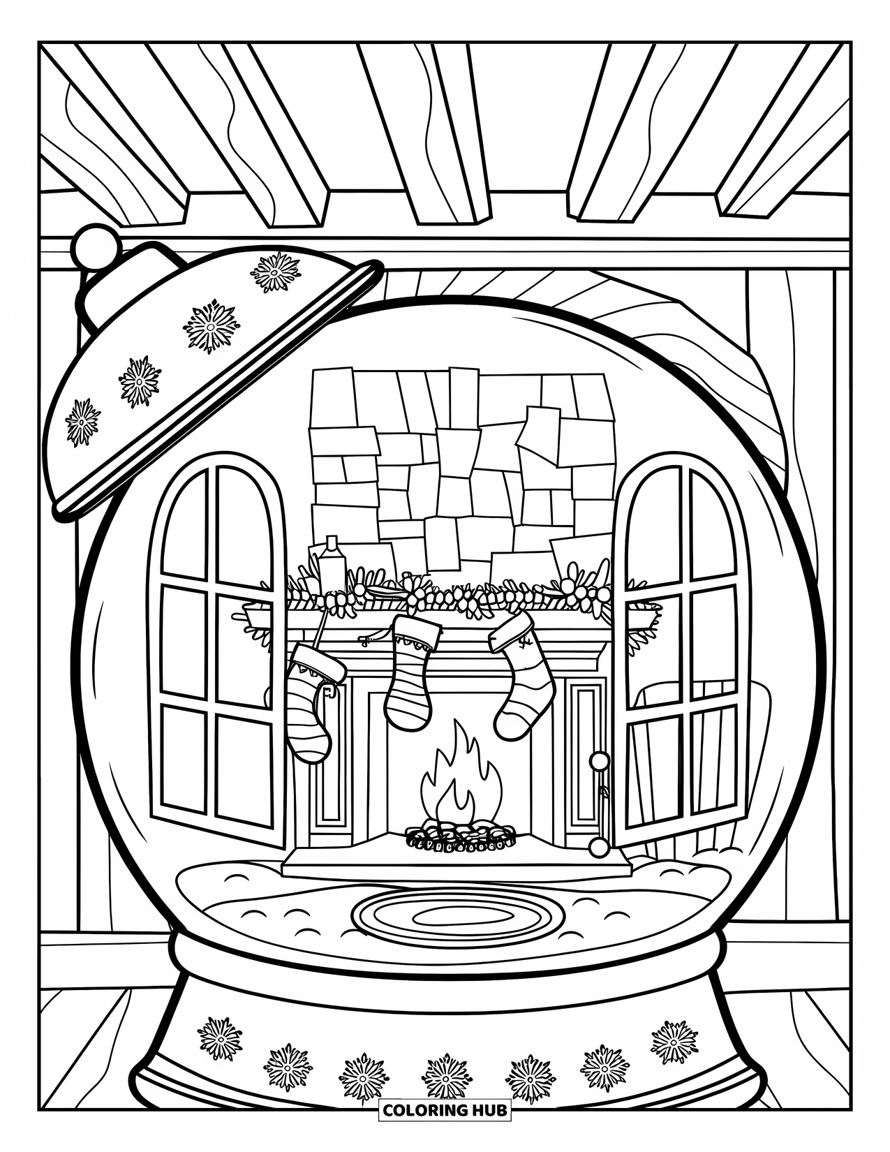 Christmas Snow Globe Coloring Page for Kids: A snow globe with a cozy fireplace scene, stockings, and a snowflake lid