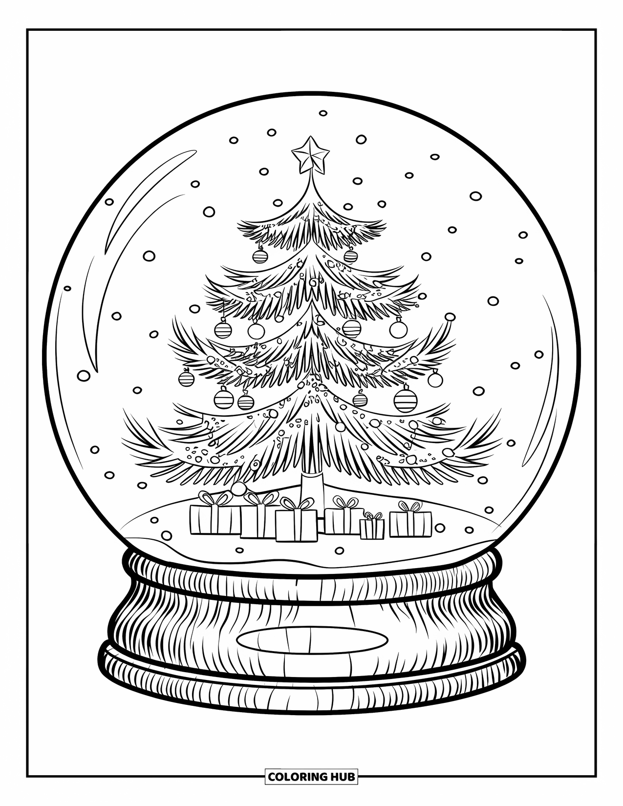 Christmas Snow Globe Coloring Page for Kids: A snow globe with a decorated Christmas tree and gifts below