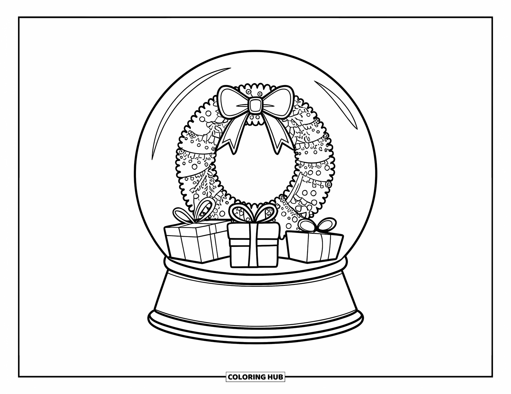 Christmas Snow Globe Coloring Page for Kids: A snow globe with a decorated wreath and presents tucked beneath it