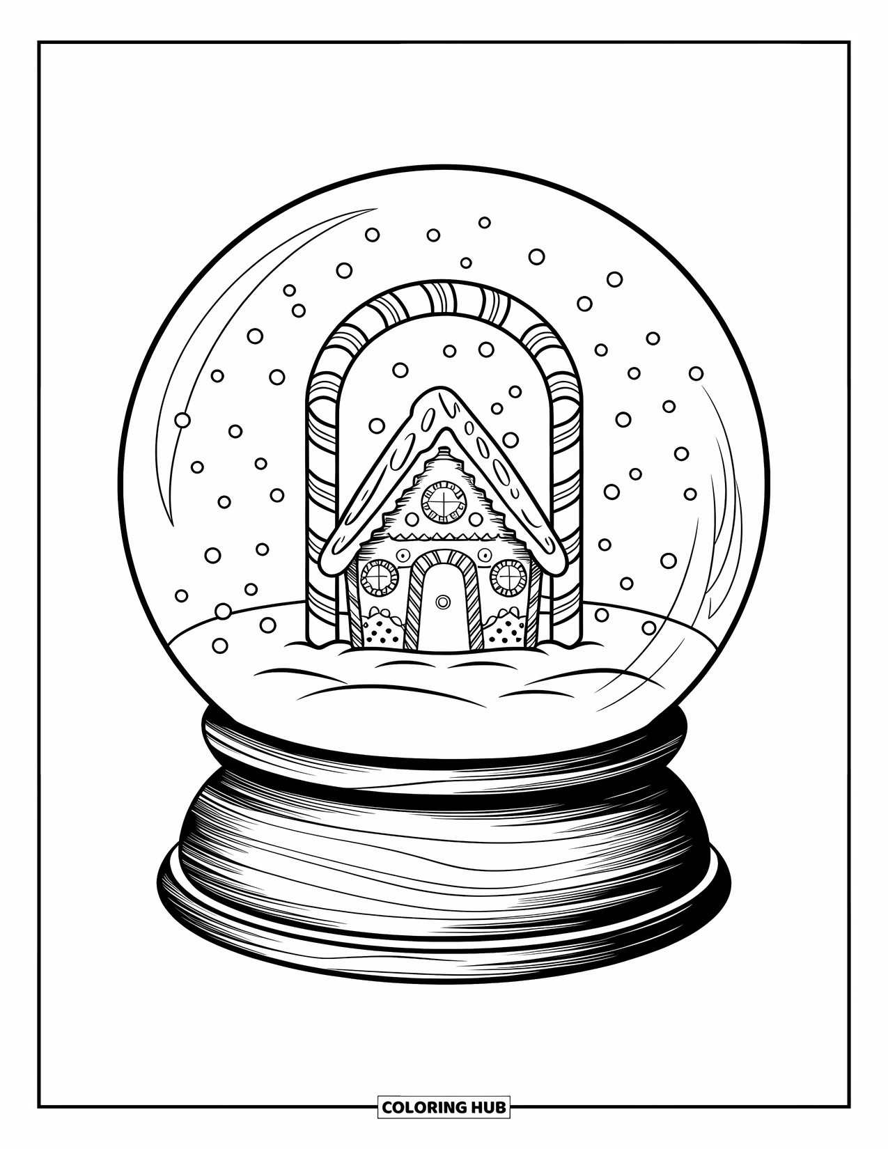 Christmas Snow Globe Coloring Page for Kids: A snow globe with a gingerbread house and candy cane archway