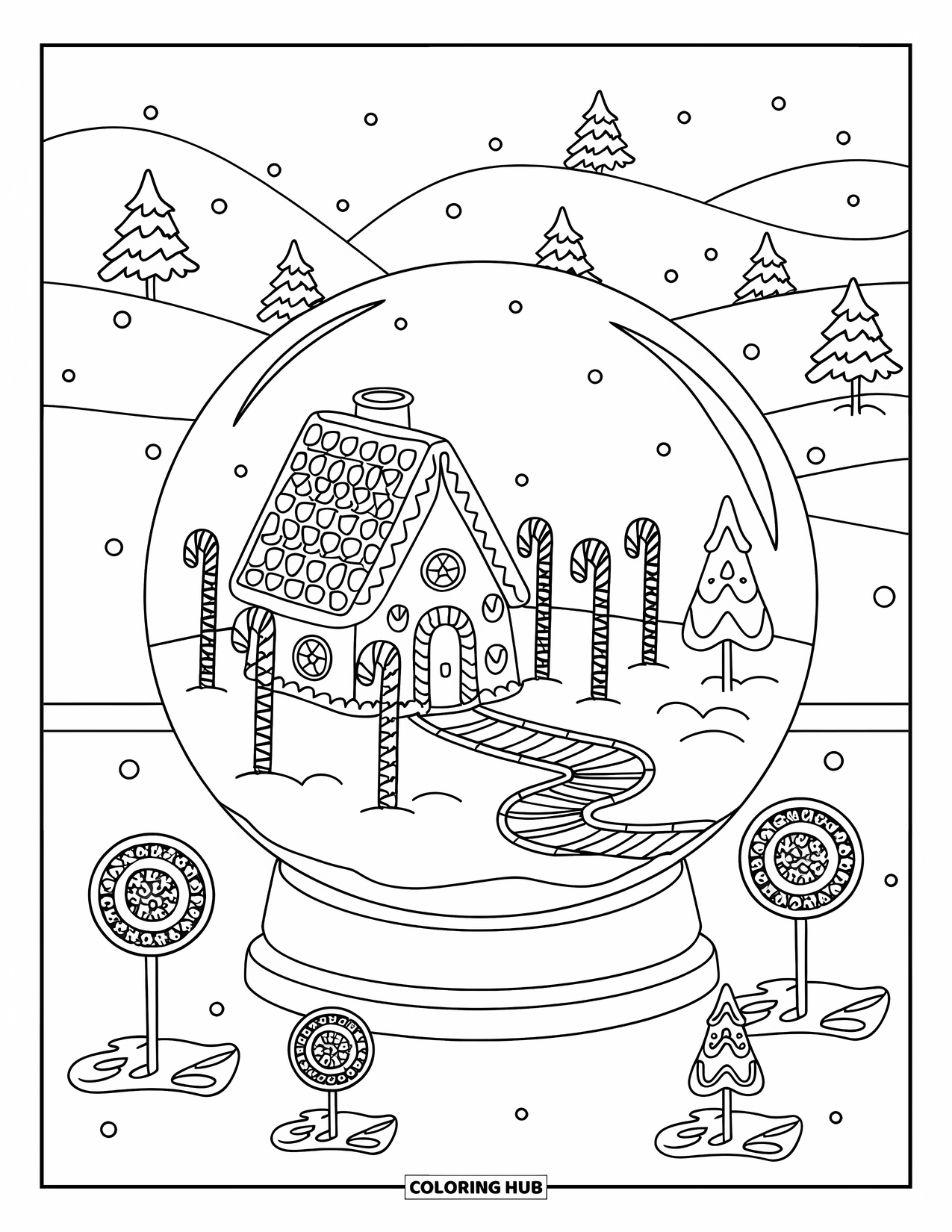 Christmas Snow Globe Coloring Page for Kids: A snow globe with a gingerbread house, candy path, and candy canes