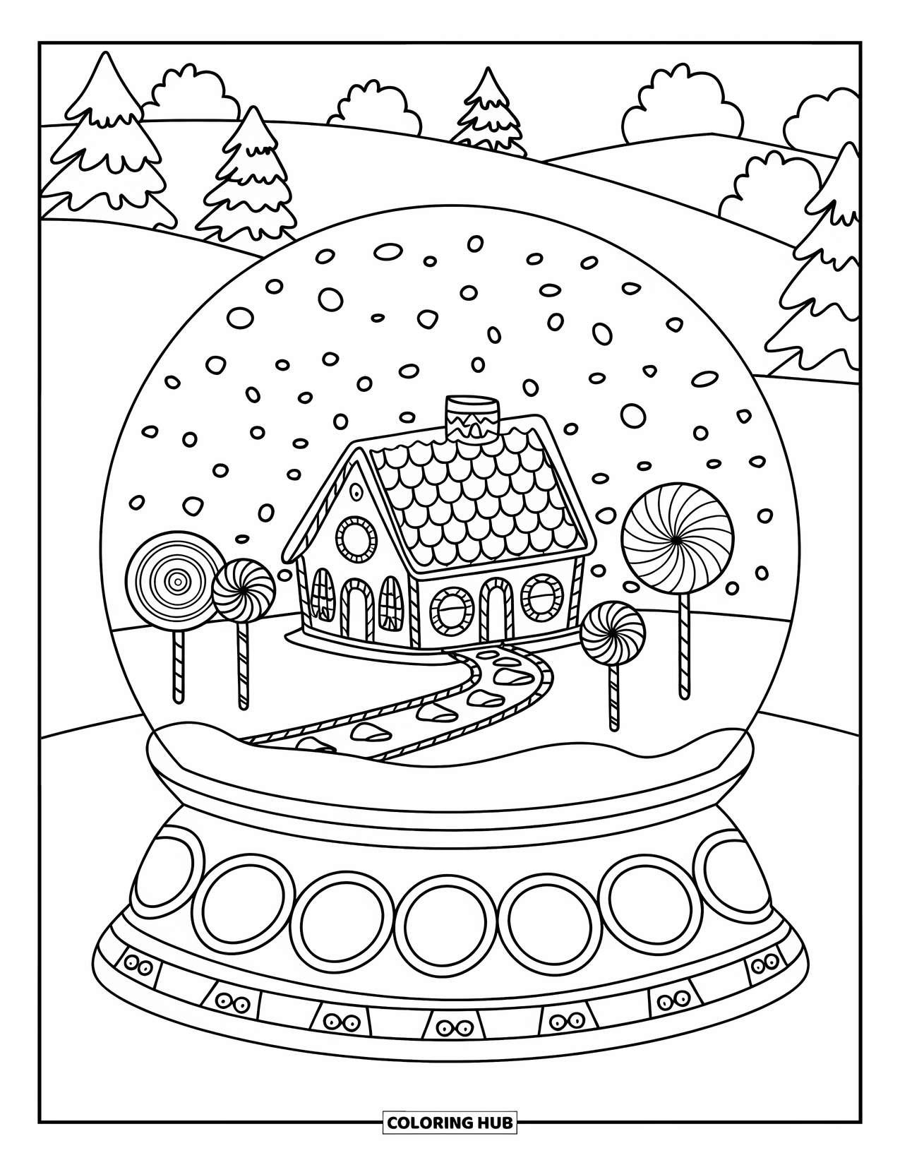 Christmas Snow Globe Coloring Page for Kids: A snow globe with a gingerbread house, candy path, and lollipop trees