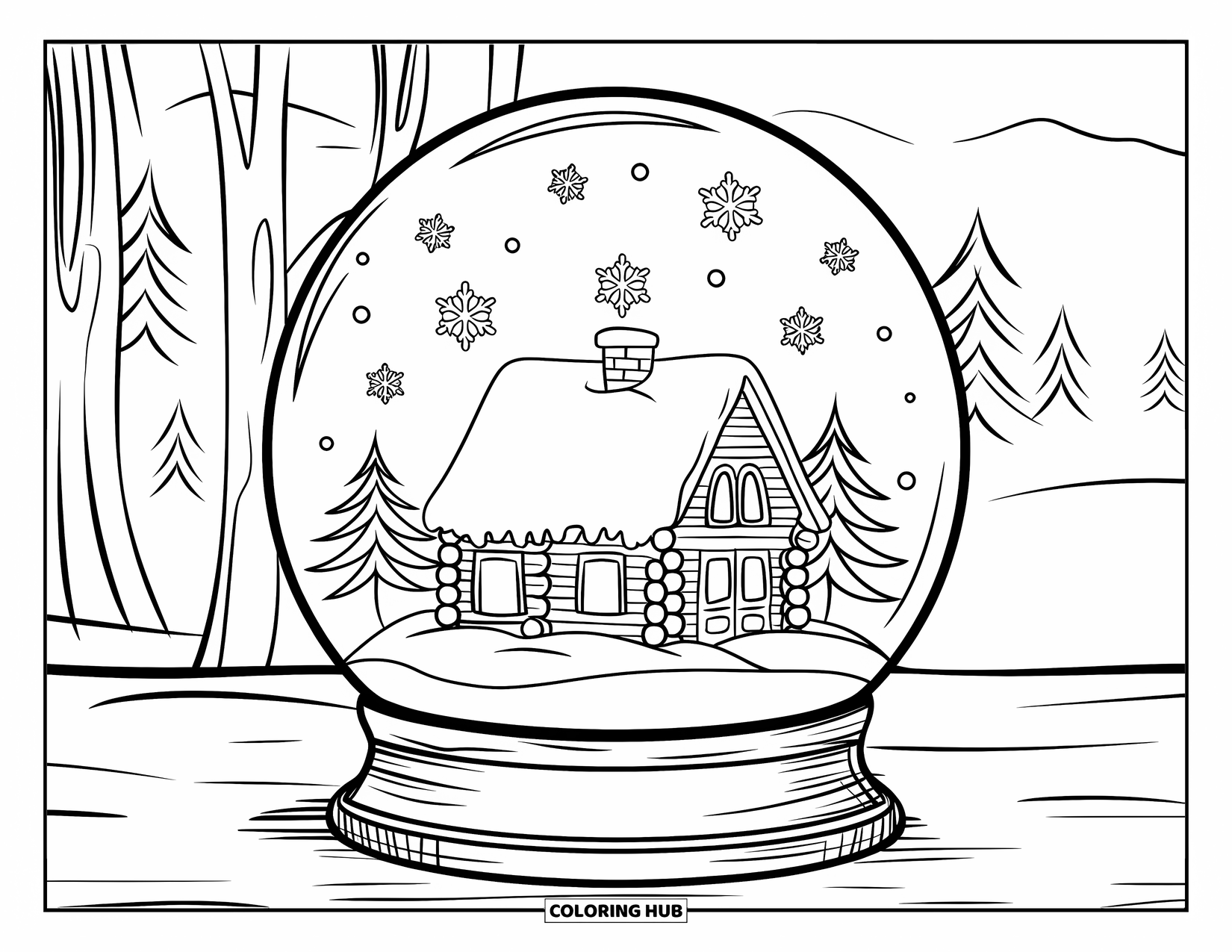 Christmas Snow Globe Coloring Page for Kids: A snow globe with a log cabin on a wooden stand and mountains
