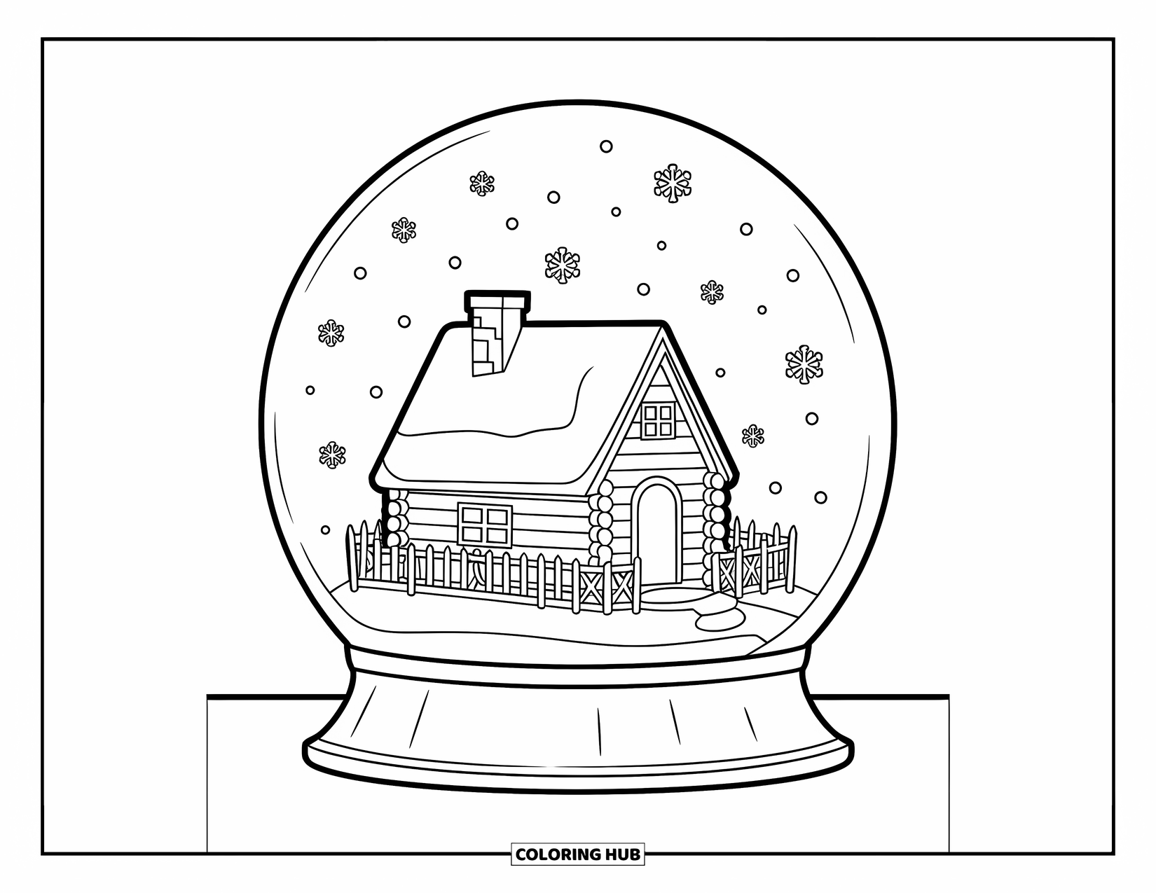 Christmas Snow Globe Coloring Page for Kids: A snow globe with a log cabin surrounded by snowflakes and a fence