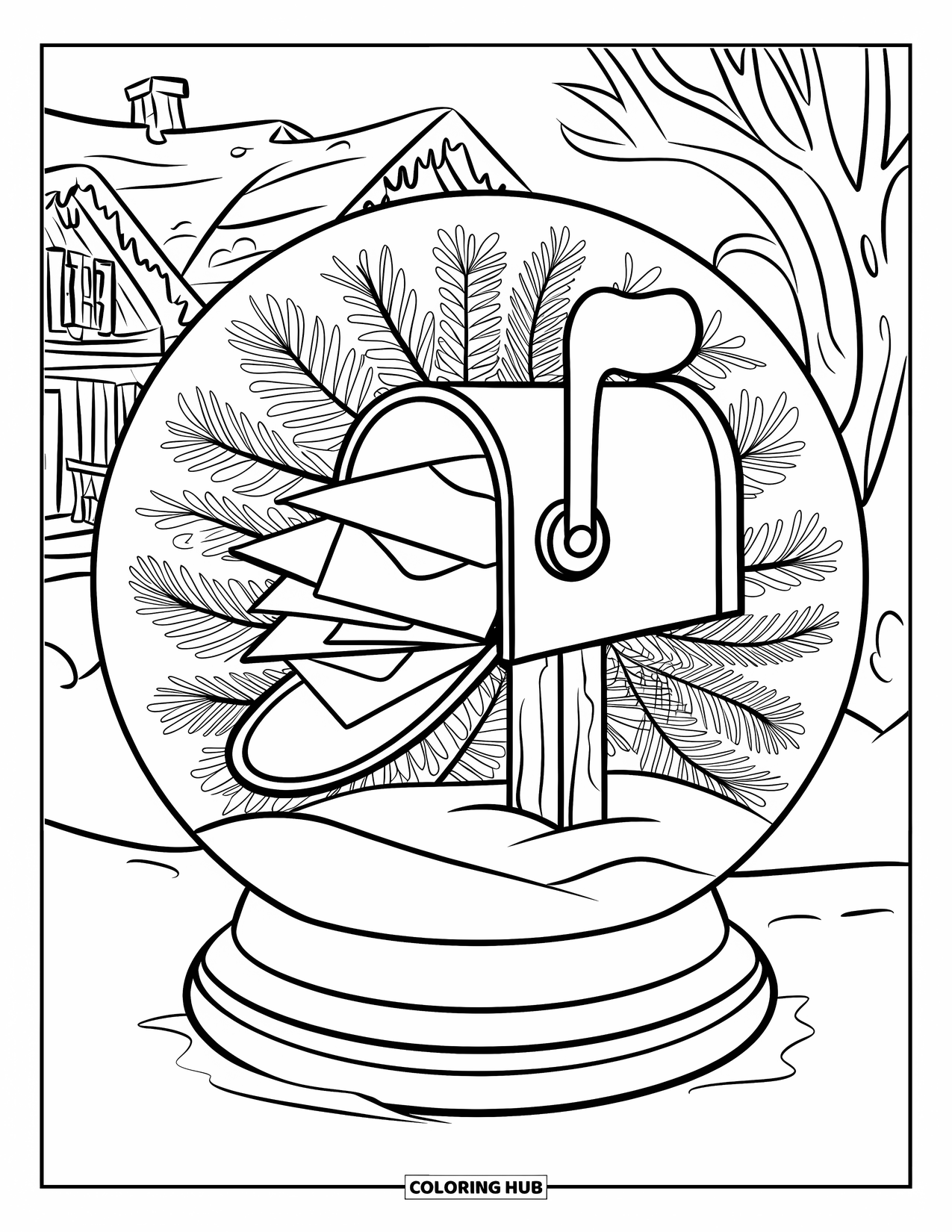 Christmas Snow Globe Coloring Page for Kids: A snow globe with a mailbox overflowing with letters to Santa