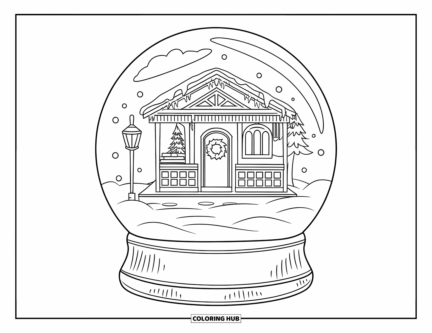 Christmas Snow Globe Coloring Page for Kids: A snow globe with a quiet train station, lantern, and wreath on the door