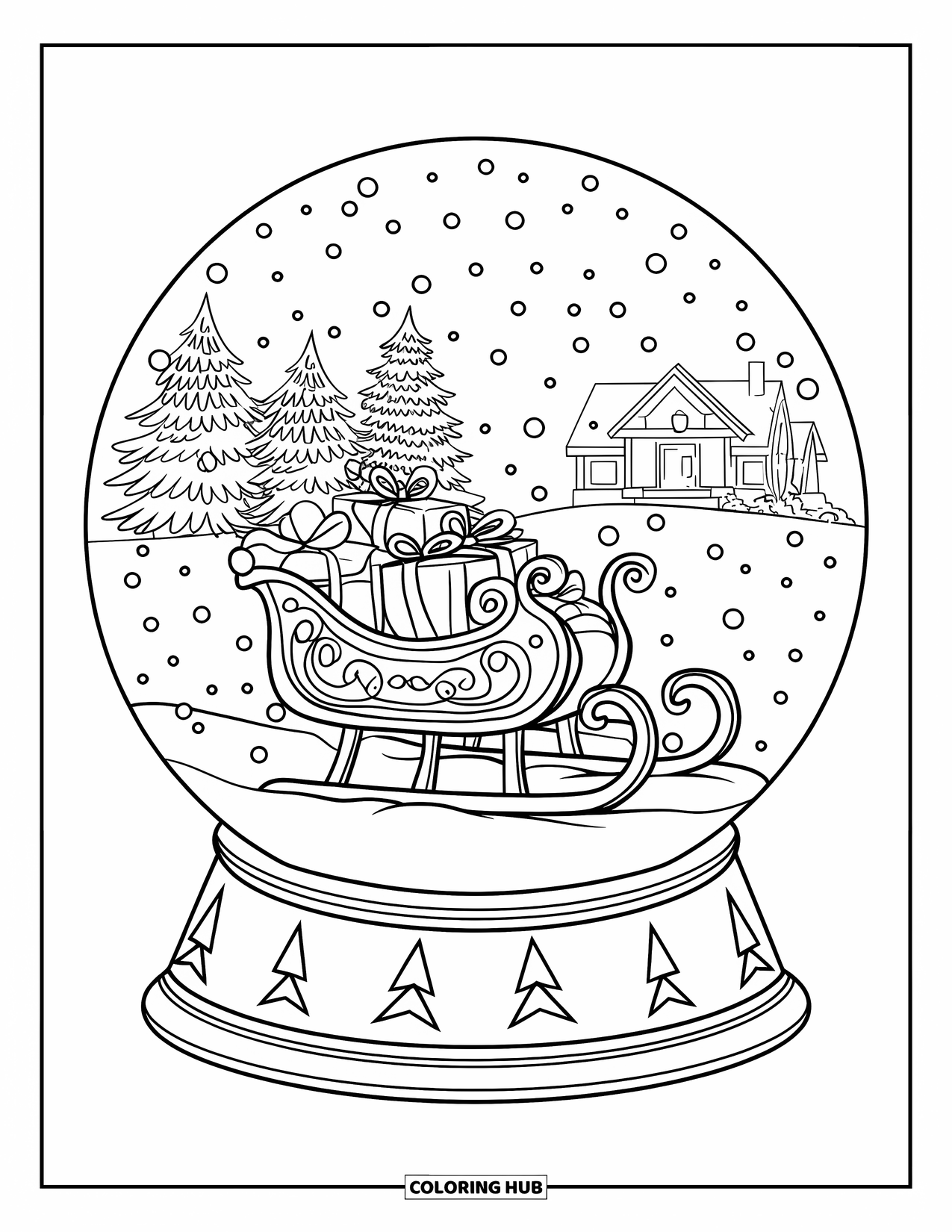 Christmas Snow Globe Coloring Page for Kids: A snow globe with a sleigh full of gifts in a snowy landscape