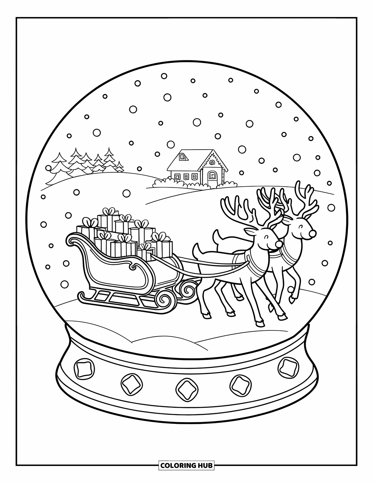 Christmas Snow Globe Coloring Page for Kids: A snow globe with a sleigh full of gifts pulled by reindeer in snow