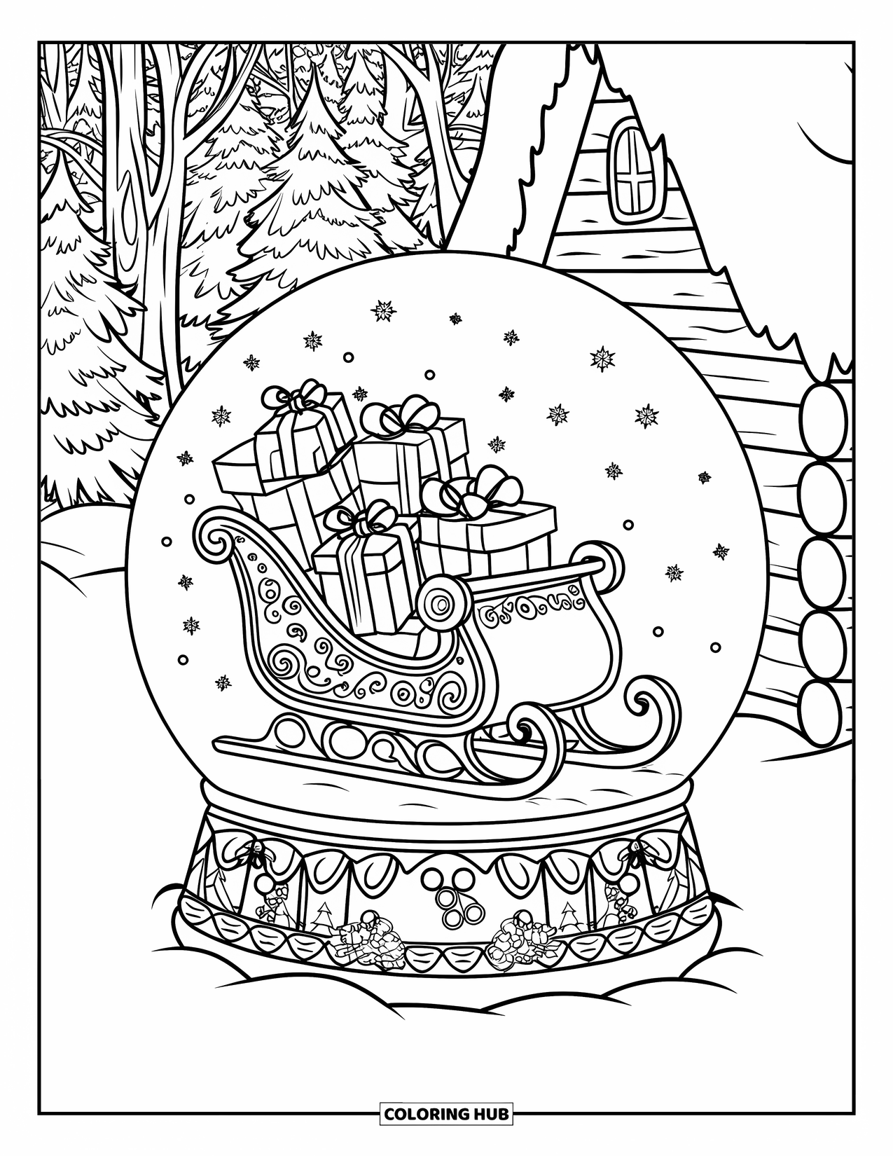Christmas Snow Globe Coloring Page for Kids: A snow globe with a sleigh of gifts parked near a rustic cabin