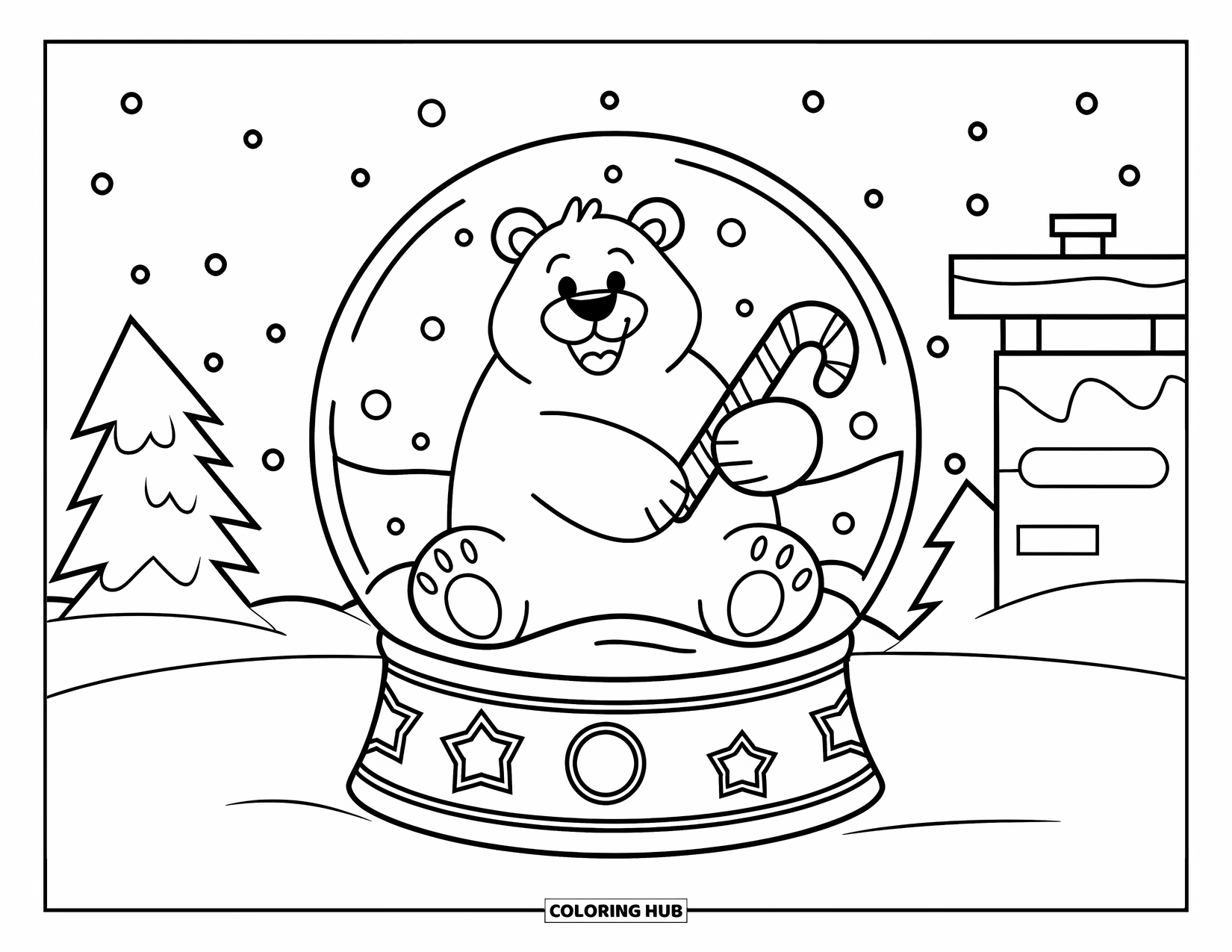 Christmas Snow Globe Coloring Page for Kids: A snow globe with a smiling polar bear holding a candy cane