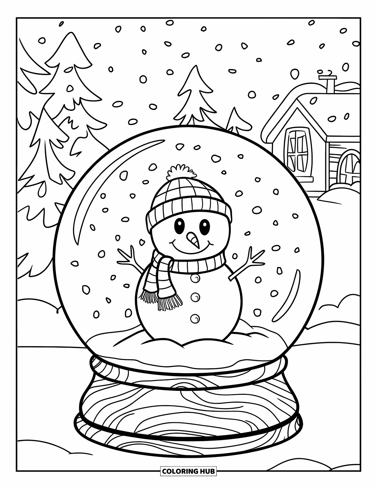 Christmas Snow Globe Coloring Page for Kids: A snow globe with a snowman in a scarf on a wooden base