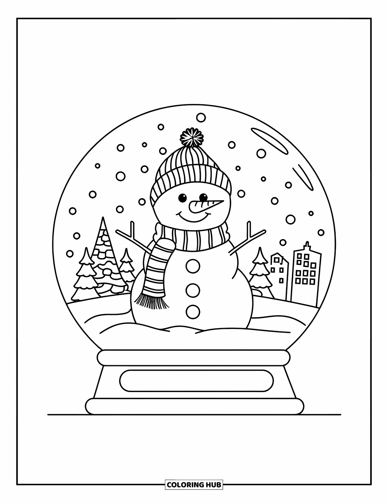 Christmas Snow Globe Coloring Page for Kids: A snow globe with a snowman in a scarf under a snowy sky