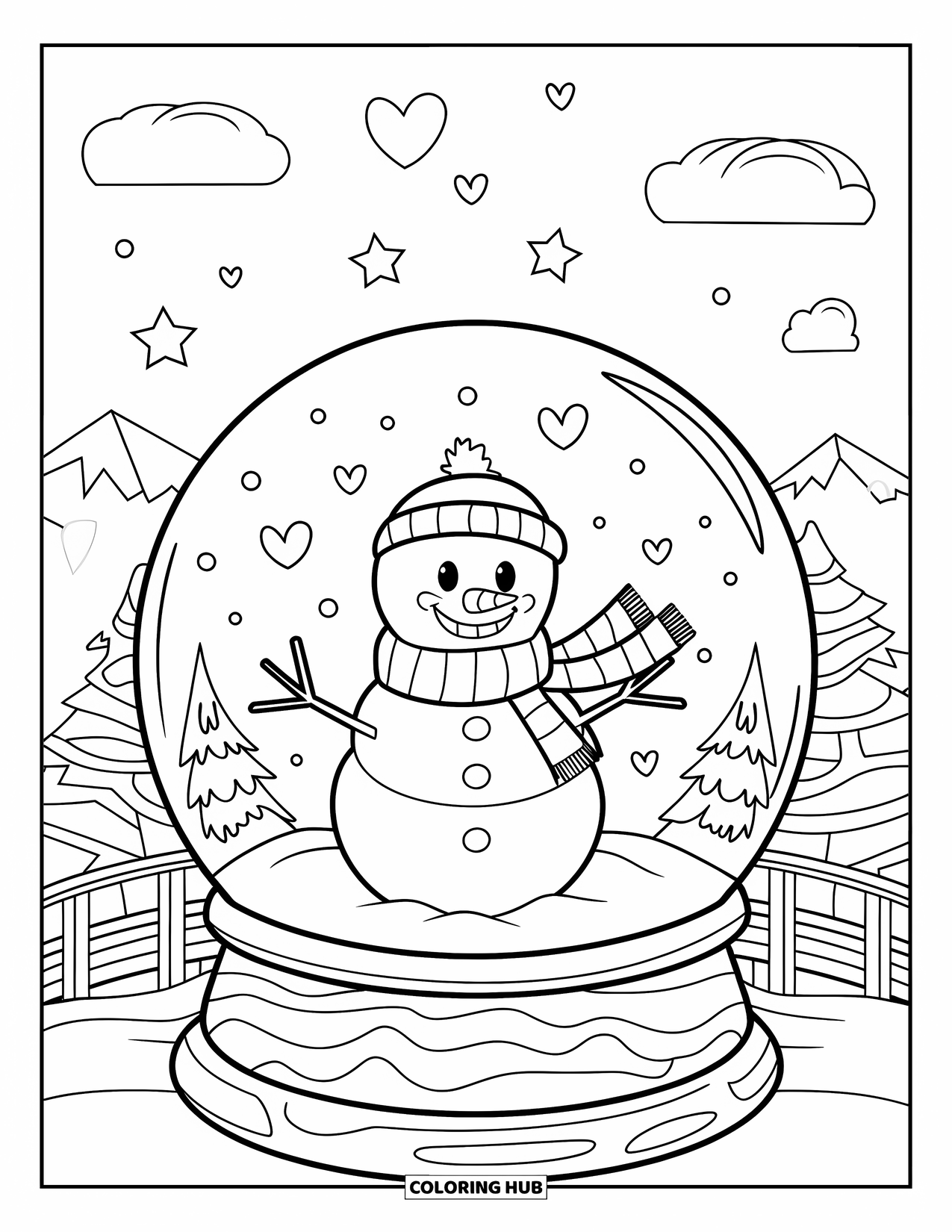 Christmas Snow Globe Coloring Page for Kids: A snow globe with a snowman, stars, and snowy trees on a base