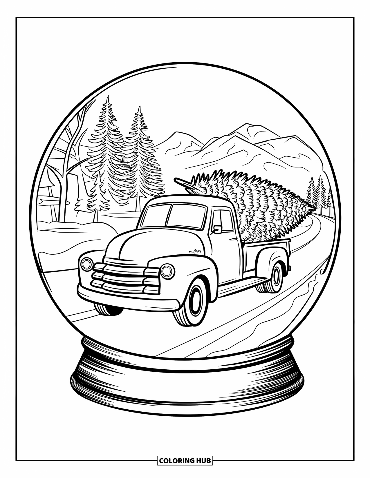 Christmas Snow Globe Coloring Page for Kids: A snow globe with a vintage truck carrying a Christmas tree on a snowy road