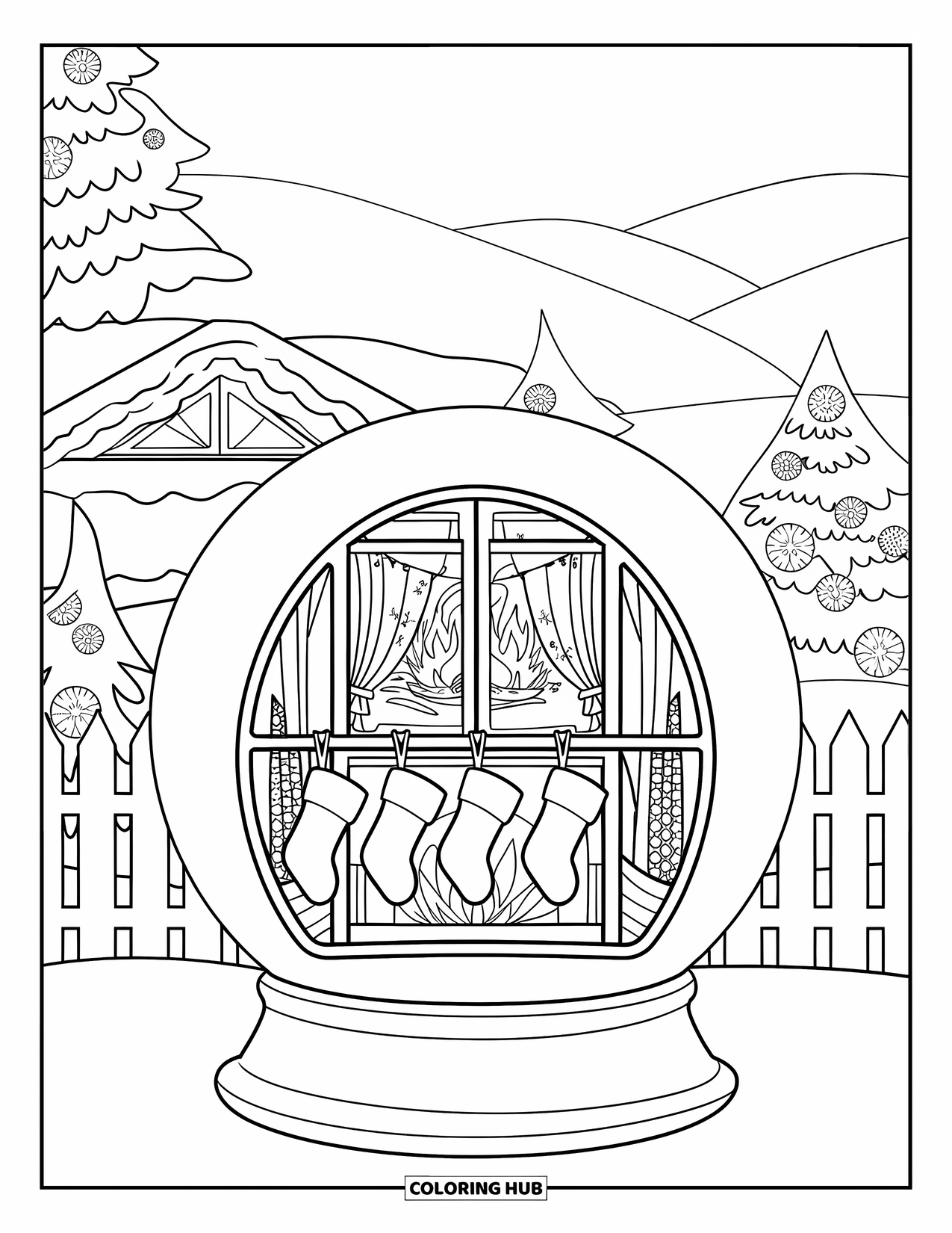 Christmas Snow Globe Coloring Page for Kids: A snow globe with a window view of a fire, stockings, and snowy hills
