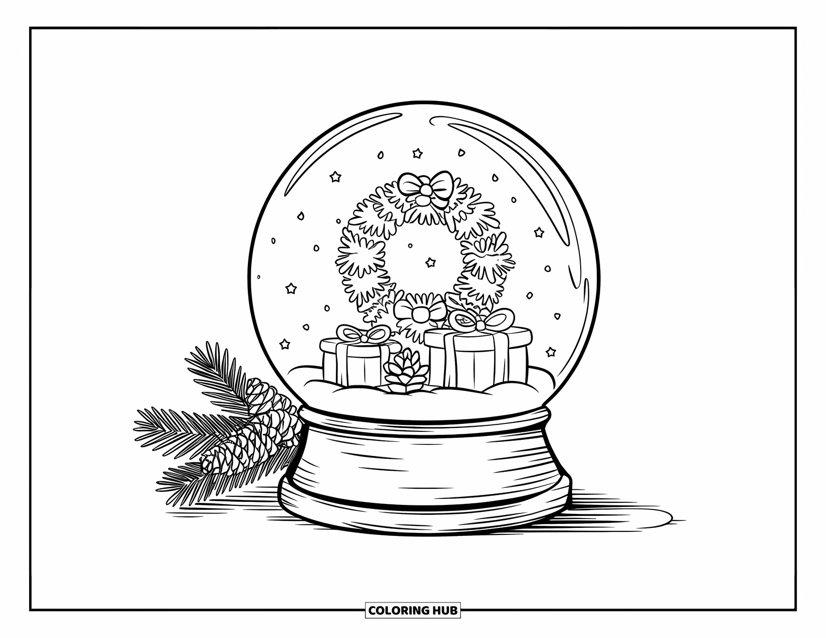Christmas Snow Globe Coloring Page for Kids: A snow globe with a wreath, presents, and pinecones on a wooden stand