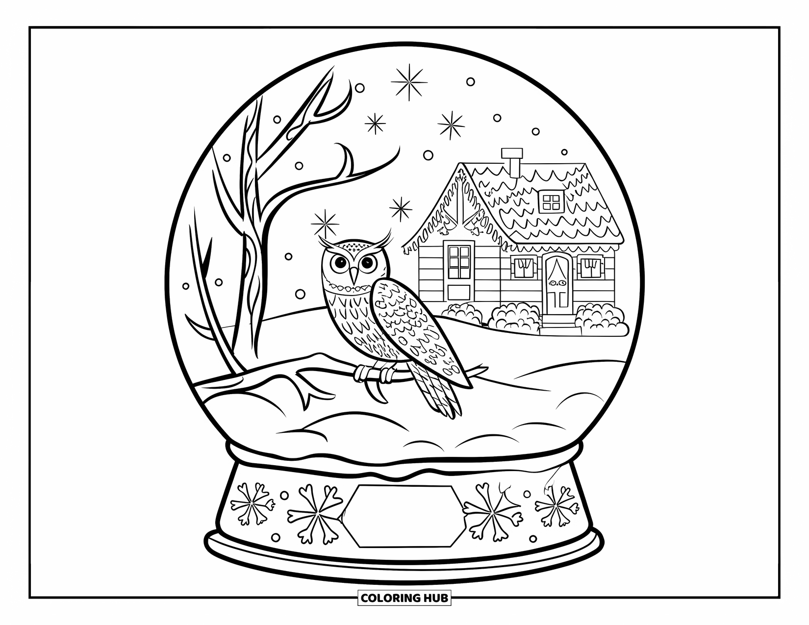Christmas Snow Globe Coloring Page for Kids: A snow globe with an owl on a snowy branch and a decorated thatched cottage