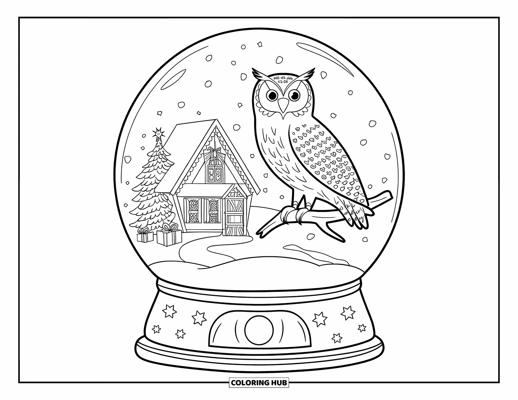Christmas Snow Globe Coloring Page for Kids: A snow globe with an owl on a snowy branch near a decorated cottage