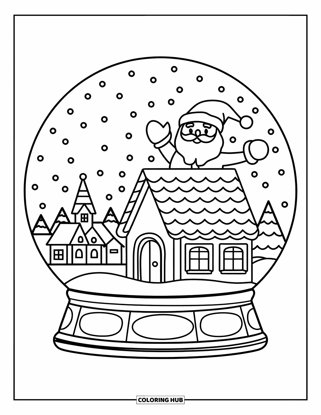 Christmas Snow Globe Coloring Page for Kids: A snow globe with Santa waving above a village of houses and church