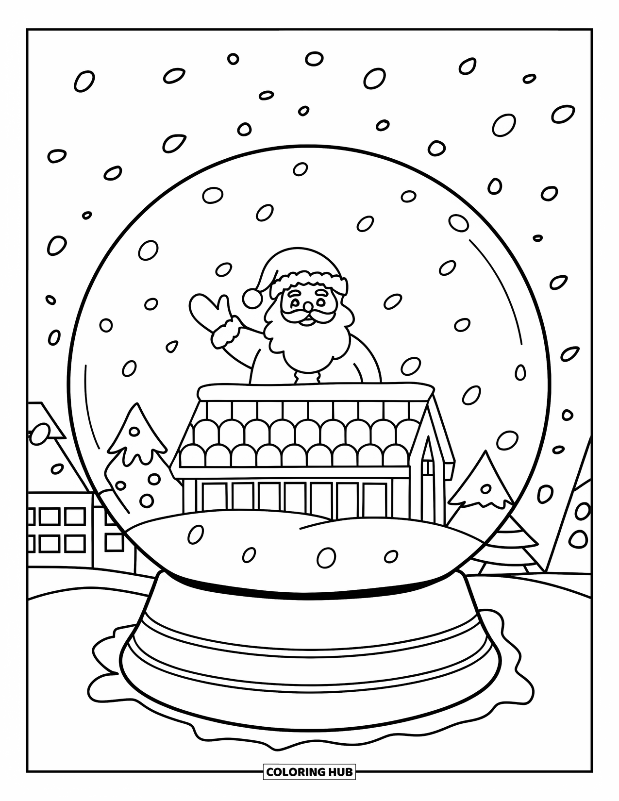 Christmas Snow Globe Coloring Page for Kids: A snow globe with Santa waving from a rooftop and snowy trees