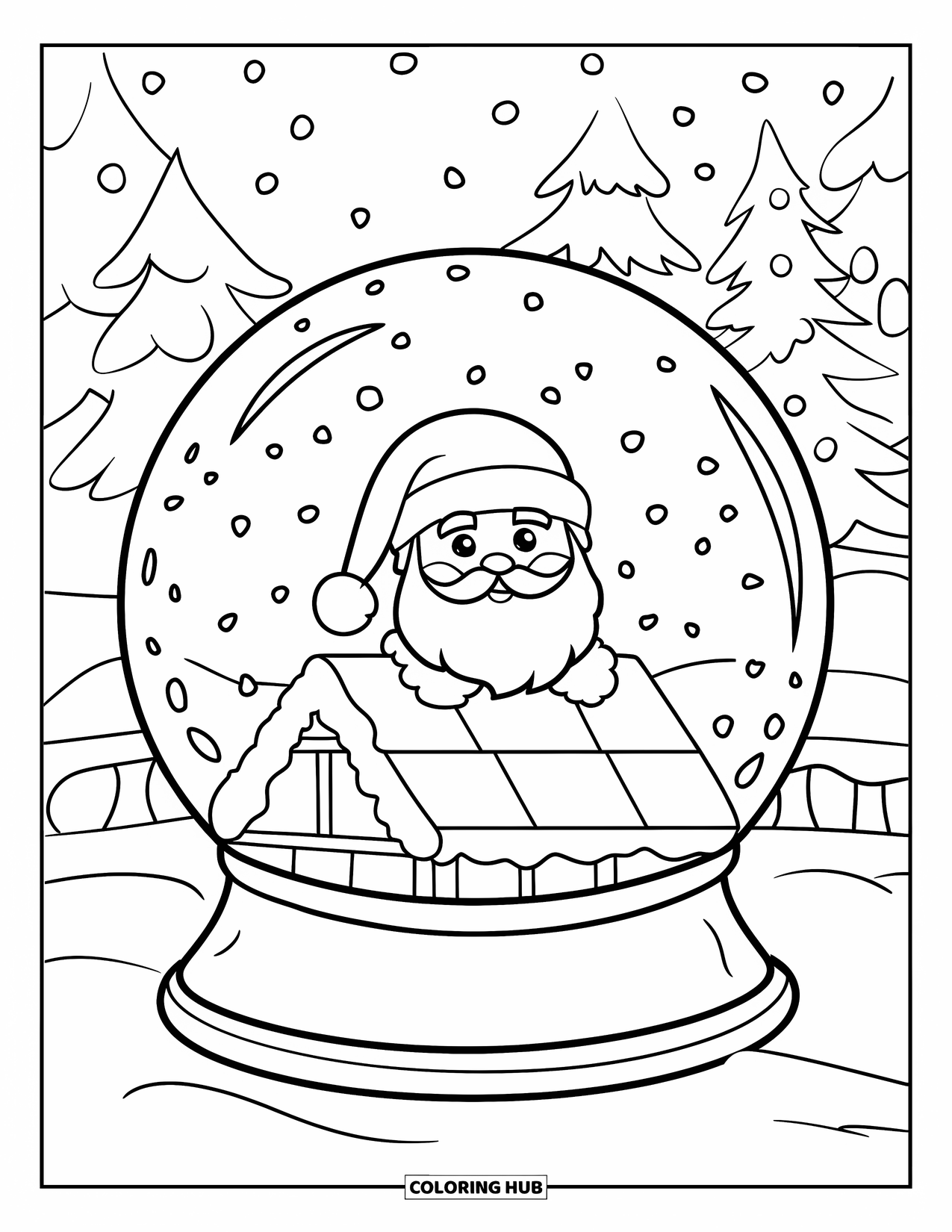 Christmas Snow Globe Coloring Page for Kids: A snow globe with Santa waving from a snowy rooftop