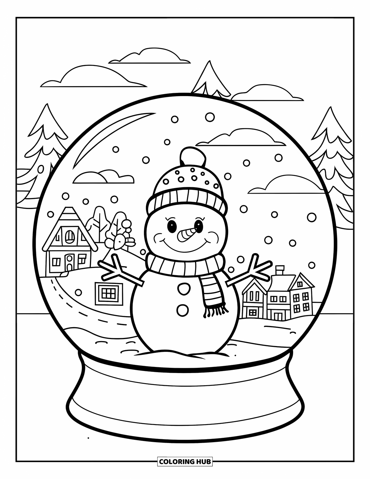 Christmas Snow Globe Coloring Page for Kids: A snowman with a village inside a snow globe with snowy roads