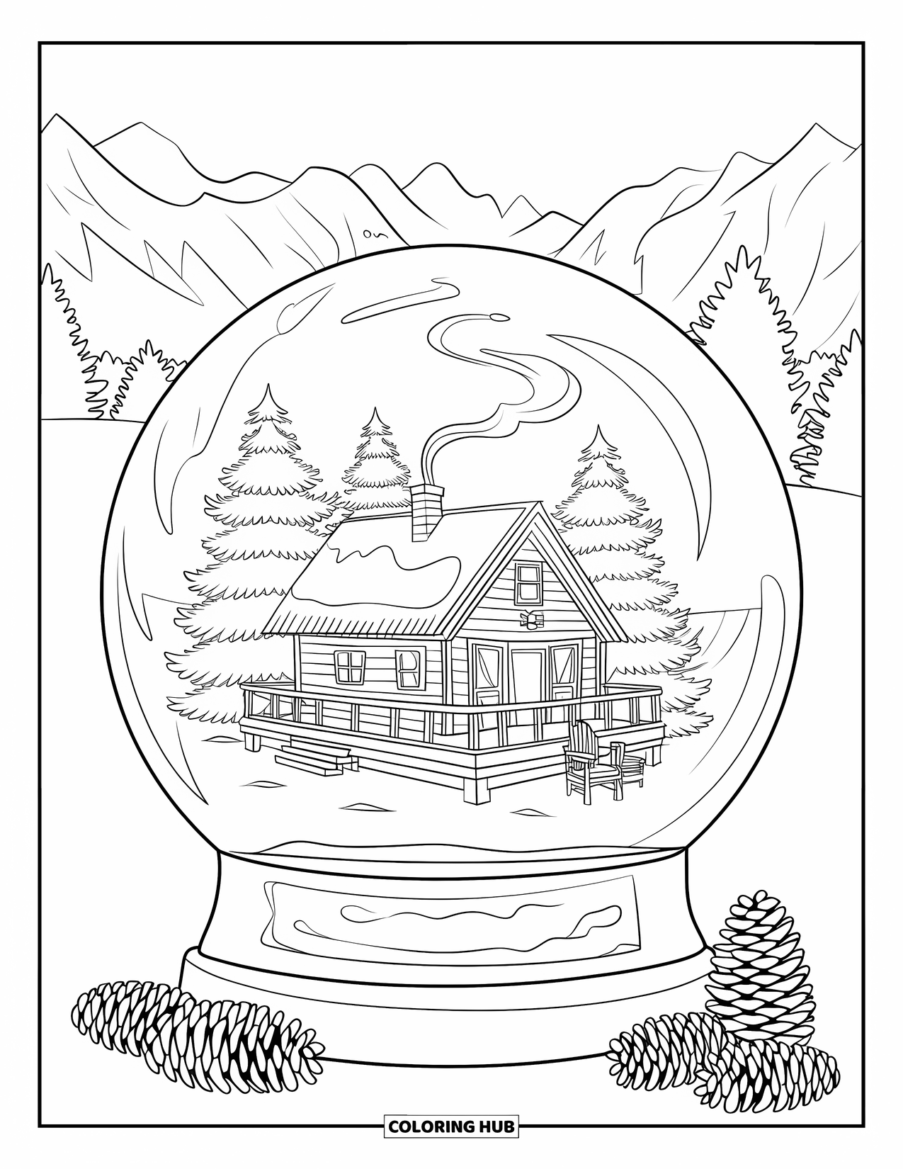 Christmas Snow Globe Coloring Page for Kids: A snowy cabin with chairs and pinecones inside a snow globe