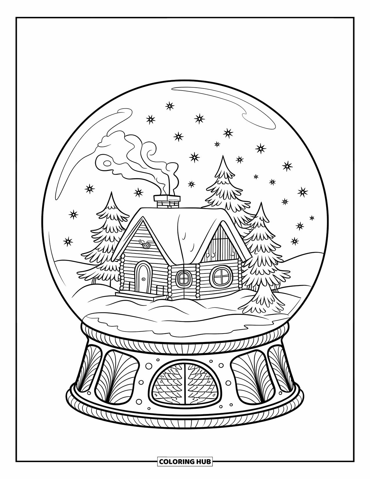 Christmas Snow Globe Coloring Page for Kids: A thatched-roof cabin with smoke inside a snowy snow globe