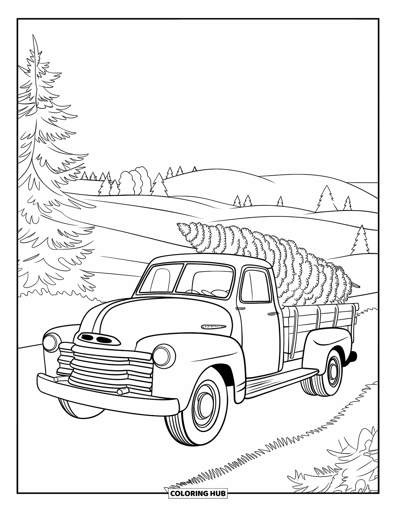 Christmas Snow Globe Coloring Page for Kids: A vintage truck carrying a tree through snowy hills in a coloring page
